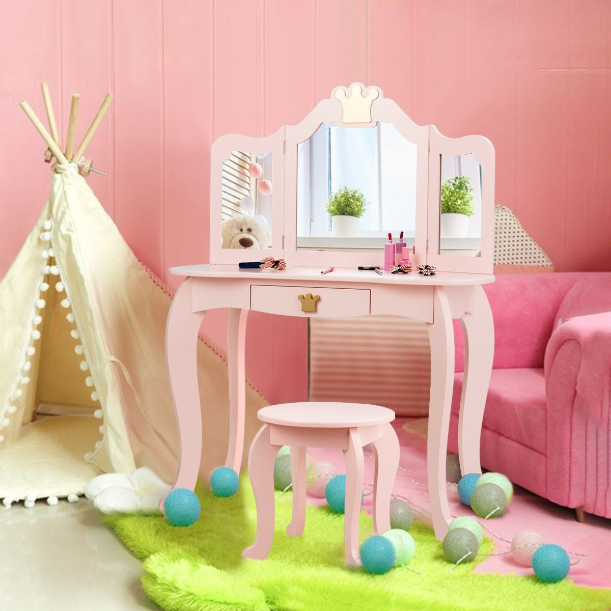 2 in 1 children's dressing table with stool and removable mirror girls dressing table mirror table 80x42x105cm pink