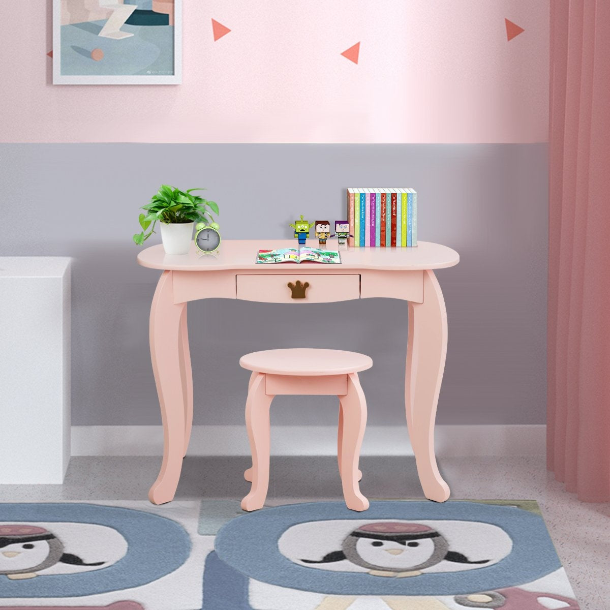 2 in 1 children's dressing table with stool and removable mirror girls dressing table mirror table 80x42x105cm pink