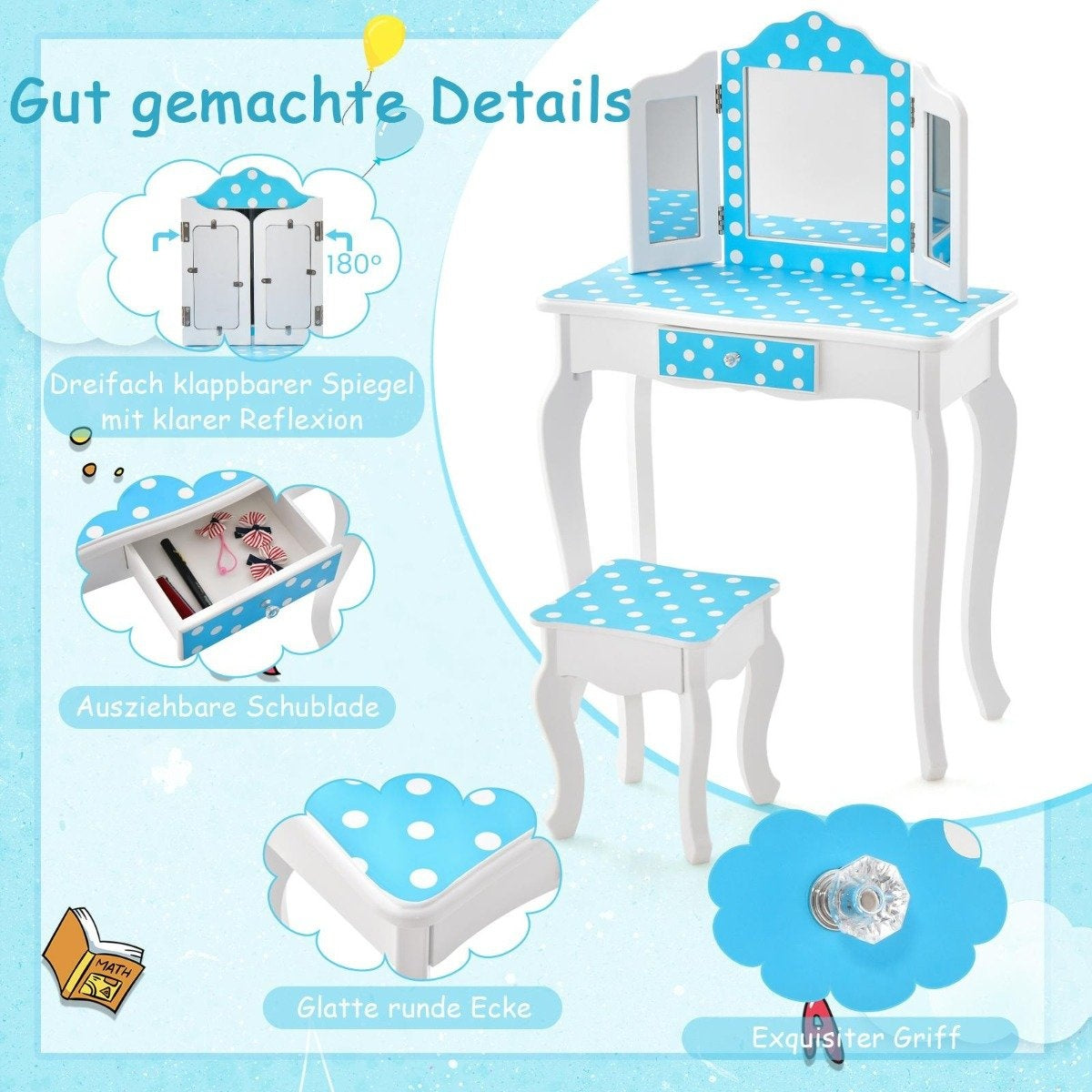 2 in 1 children's dressing table with stool & triple folding mirror & drawer dot blue