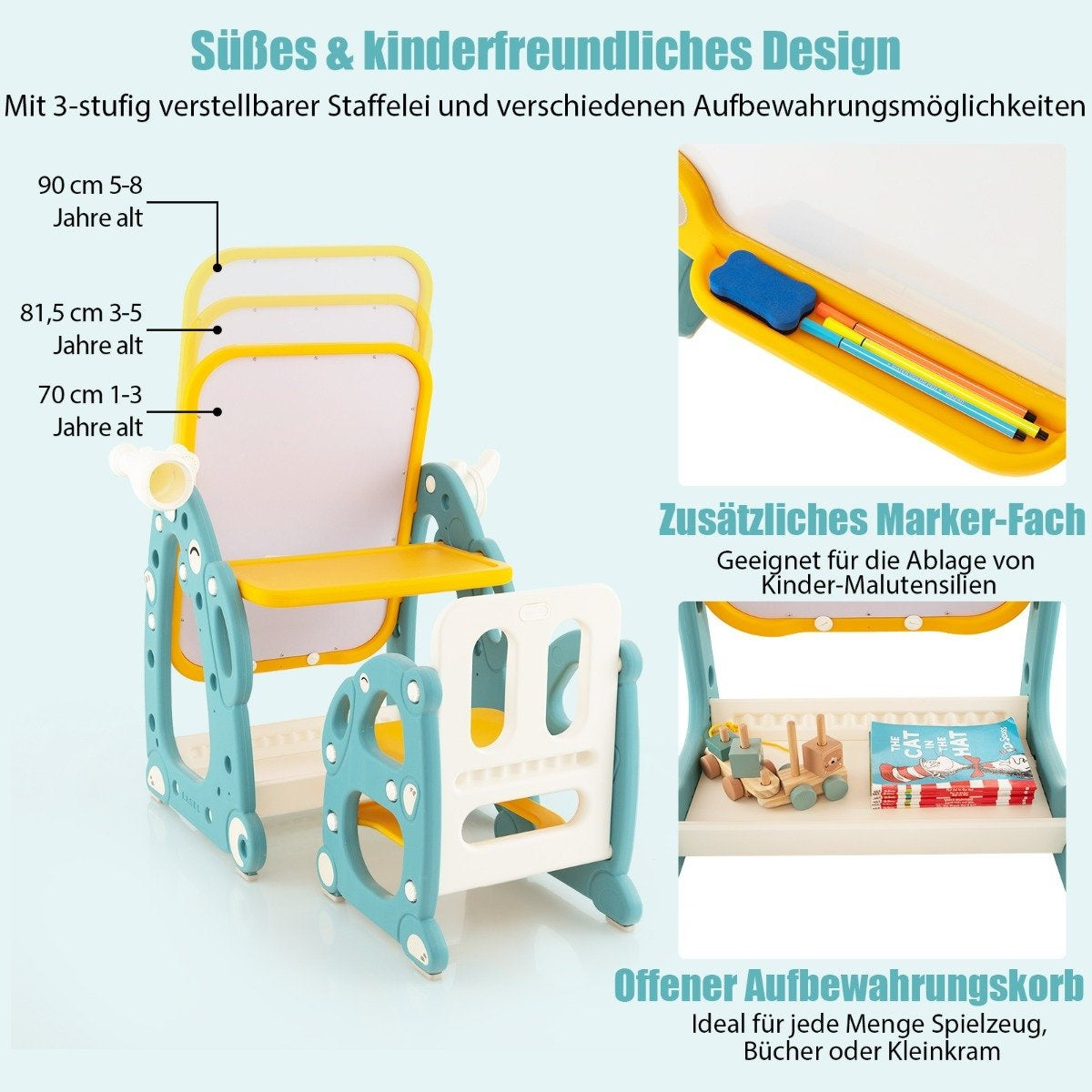 2 in 1 children's easel with 3-level adjustable whiteboard and painting accessories blue + yellow