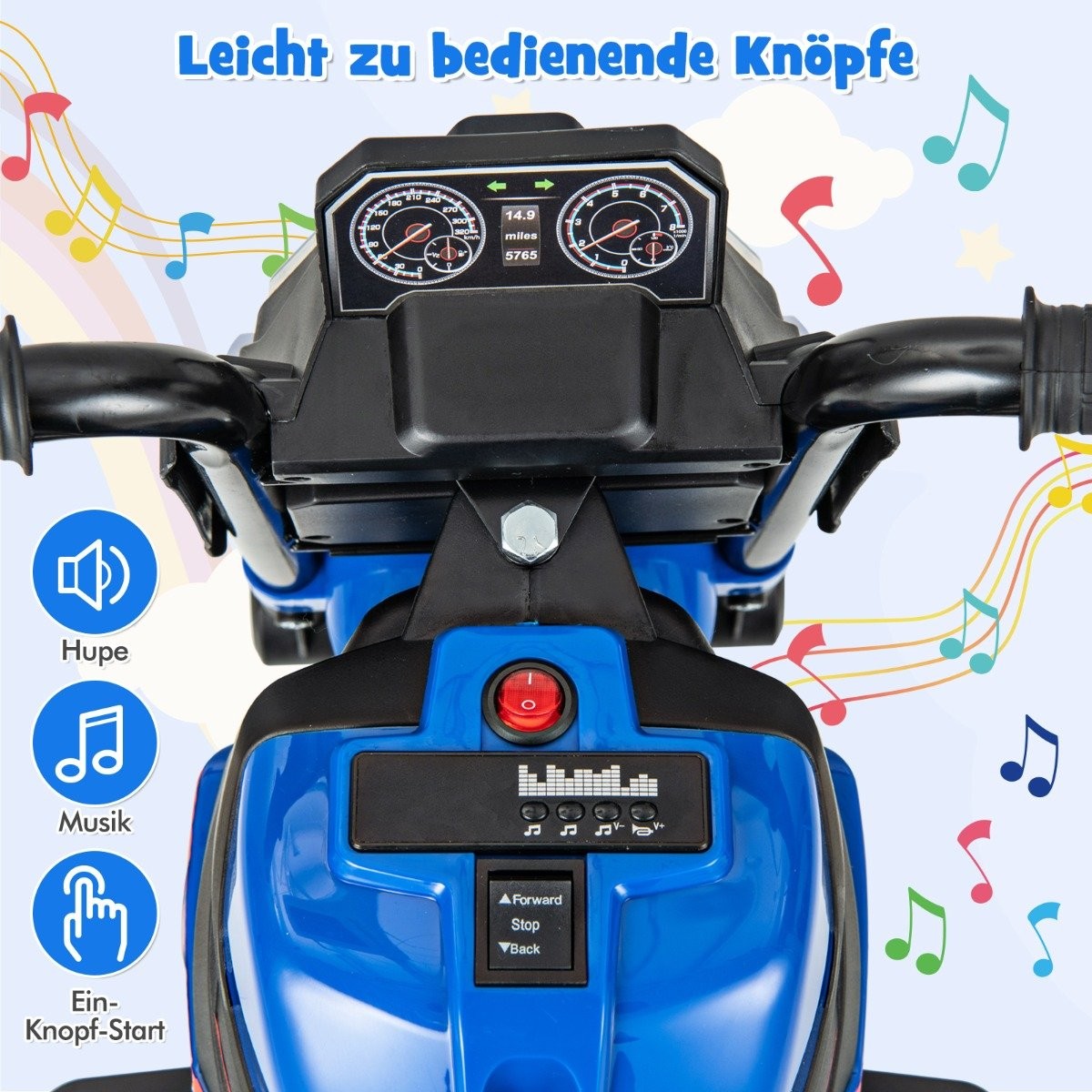 2-in-1 children's electric motorcycle with removable training wheels & Headlights & Music & Horn blue 74 x 38 x 48 cm