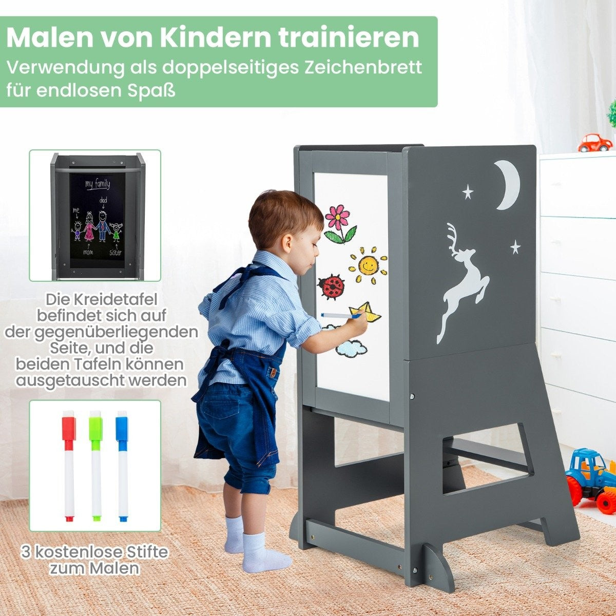 2 in 1 children's learning tower with double-sided board & 3 Adjustable Heights Kitchen Stool Step Stool Gray