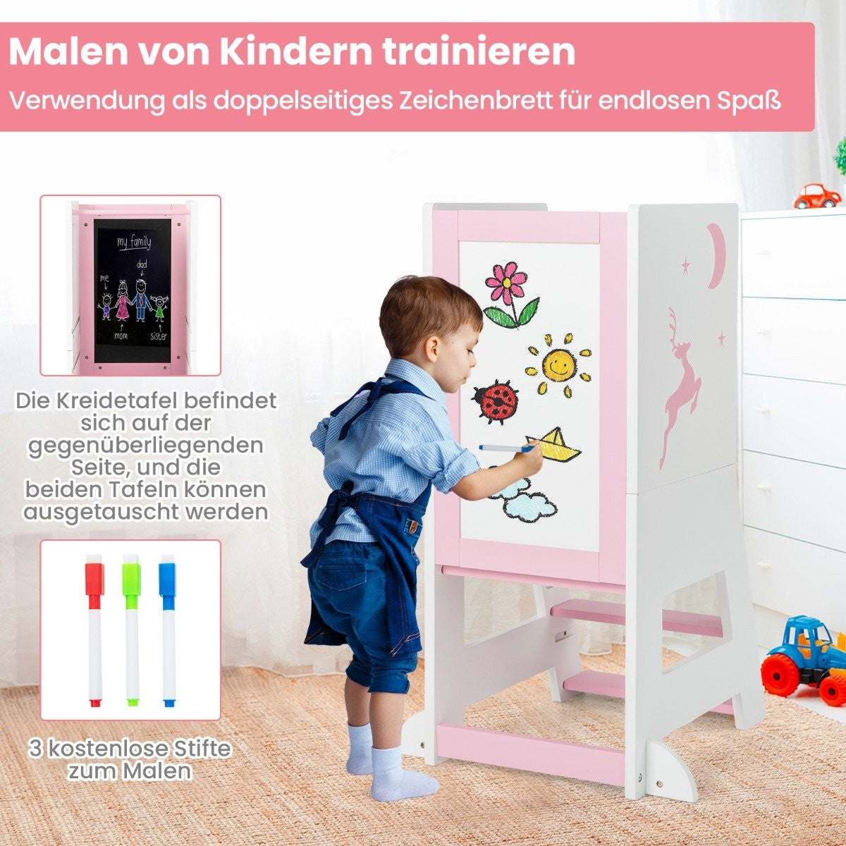 2 in 1 children's learning tower with double-sided board & 3 Adjustable Heights Kitchen Stool Step Stool Pink