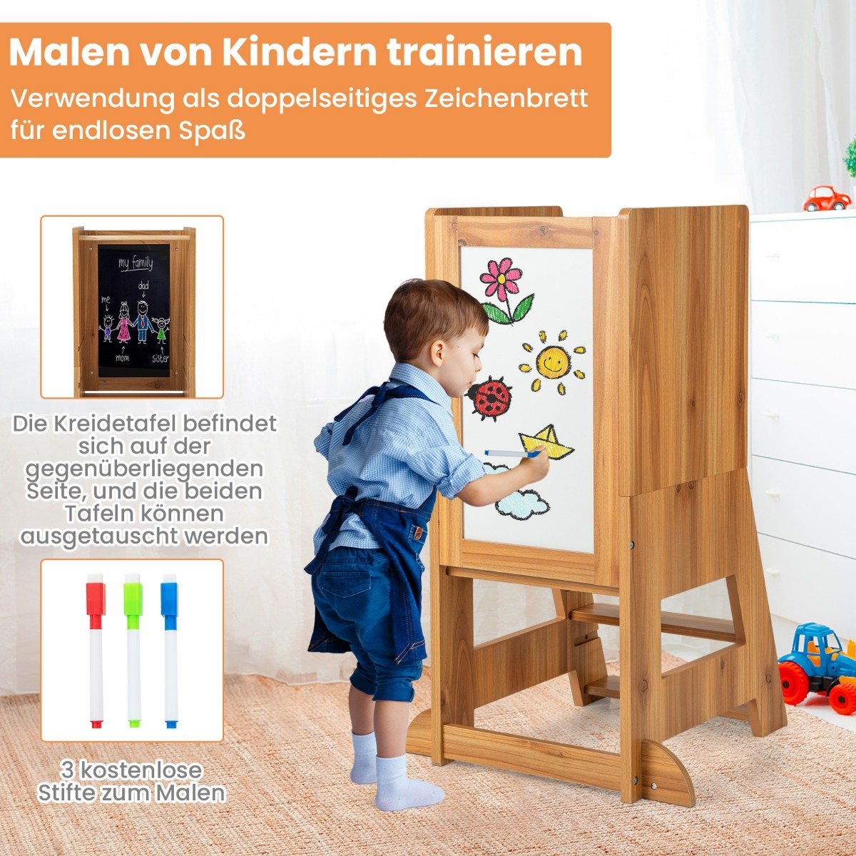 2 in 1 children's learning tower with double-sided board & 3 adjustable heights kitchen stool step stool natural