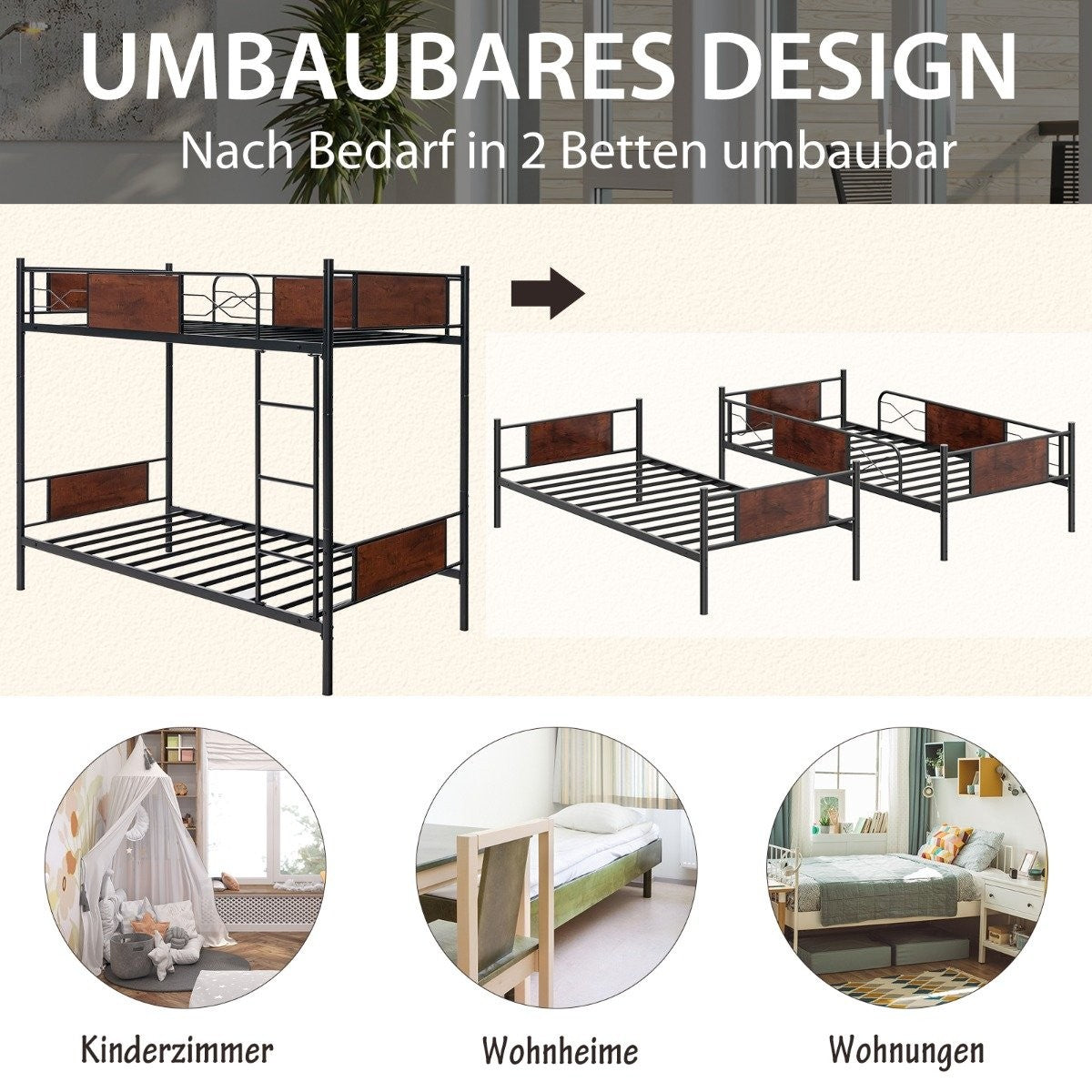 2-in-1 convertible metal double bunk bed with ladder & anti-tip bunk bed 190 x 90 cm