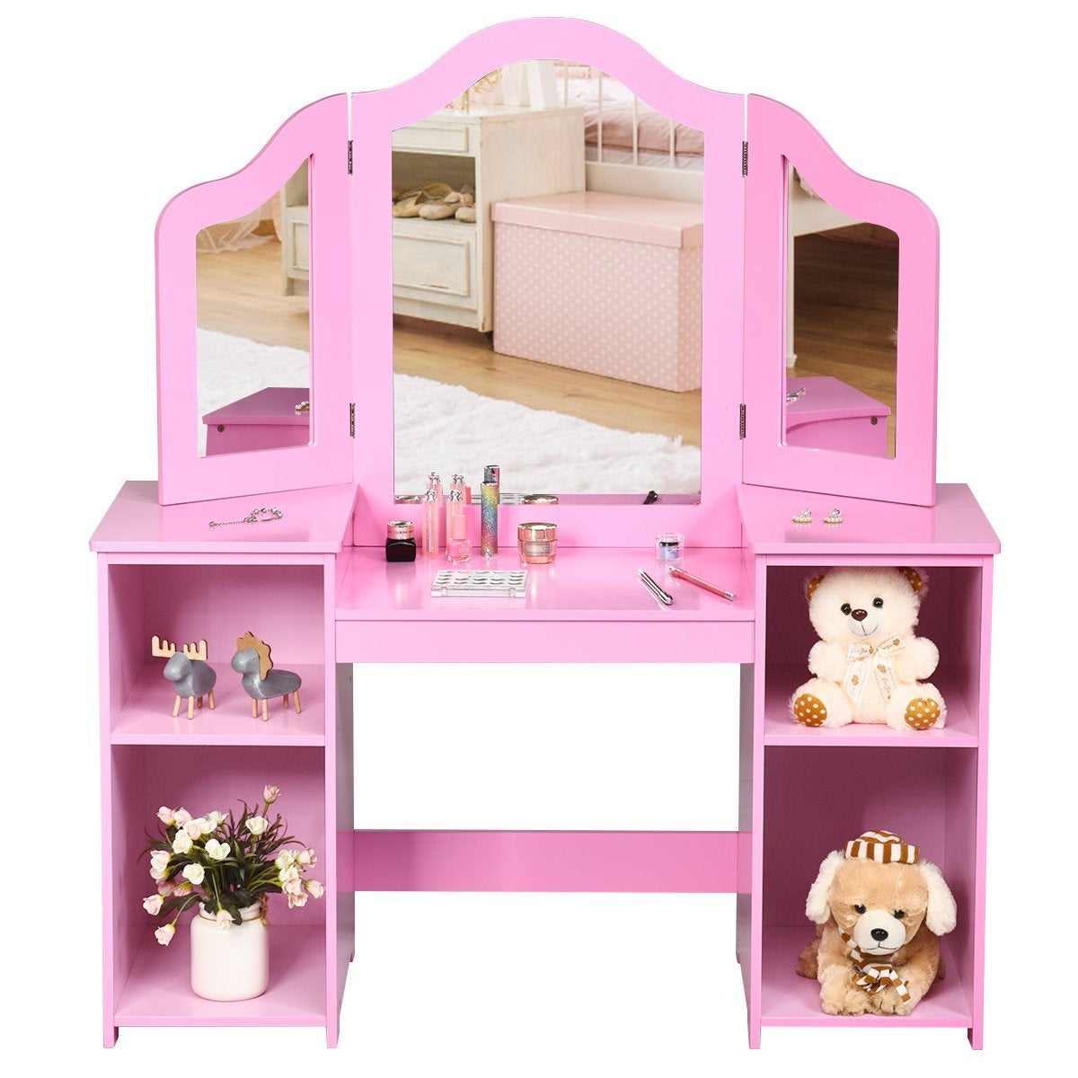 2 in 1 dressing table with removable mirror & open compartments made of wood for children from 3 years pink