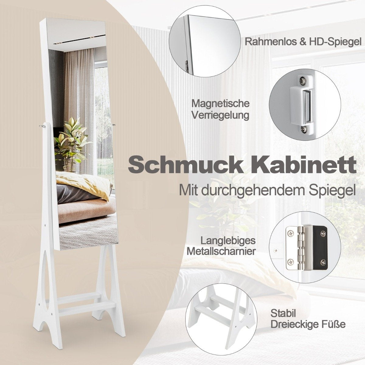 2 in 1 jewelry cabinet standing mirror with 12 LEDs Lockable mirror cabinet with full-length mirror white