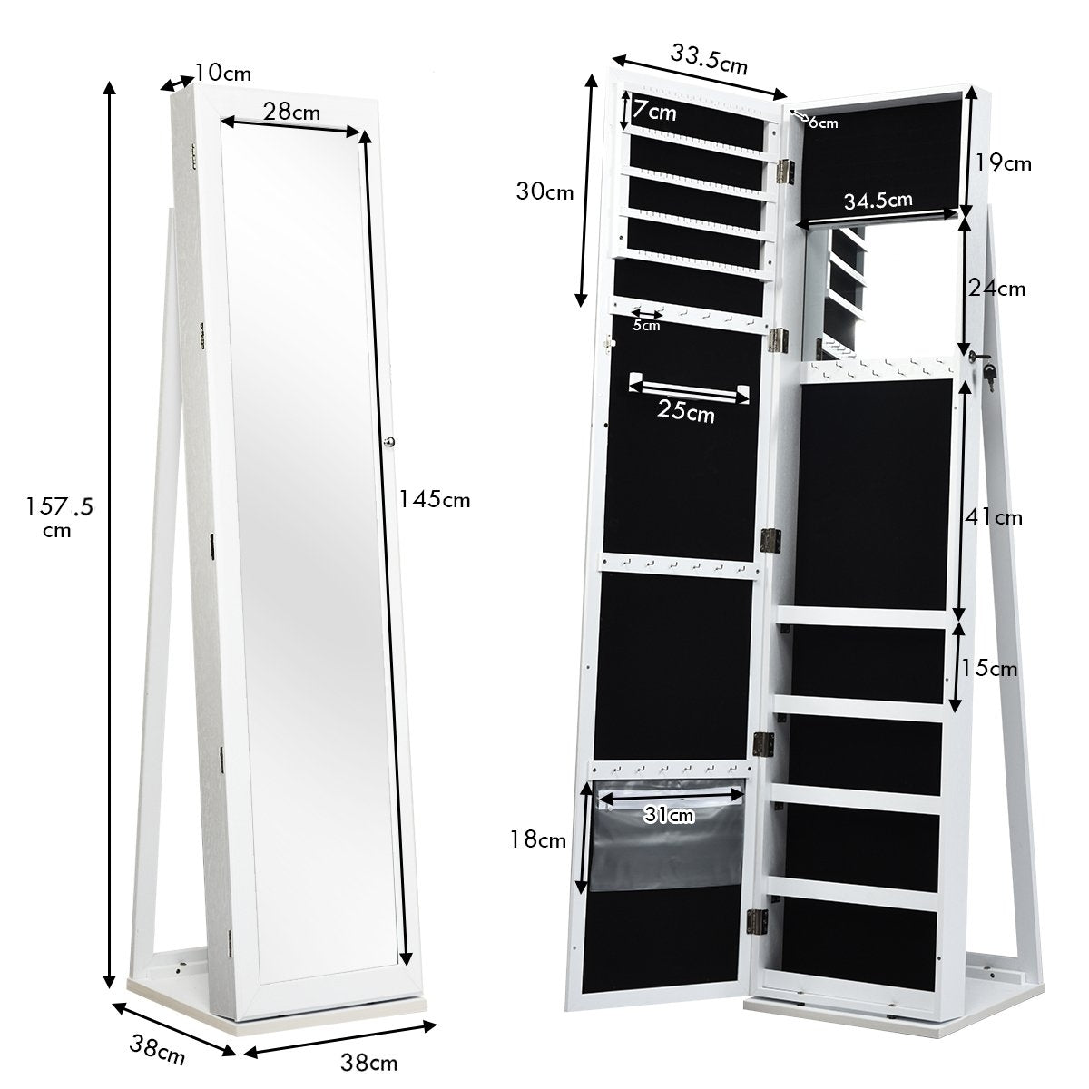 2-in-1 large and lockable jewelry cabinet with full-length mirror, free-standing jewelry stand, white