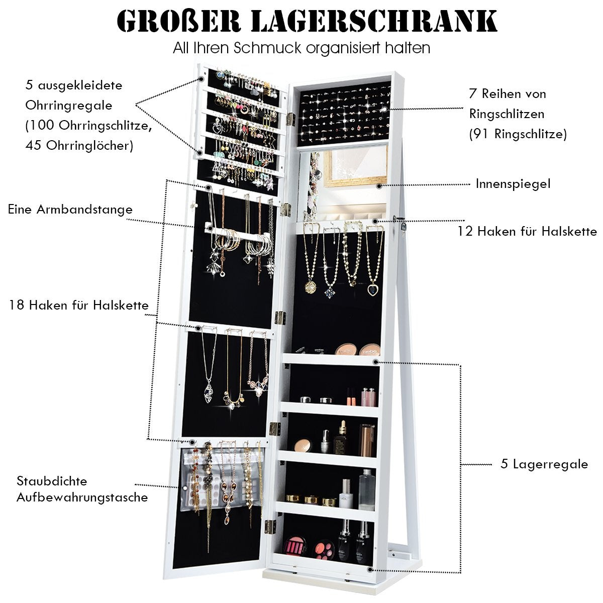 2-in-1 large and lockable jewelry cabinet with full-length mirror, free-standing jewelry stand, white