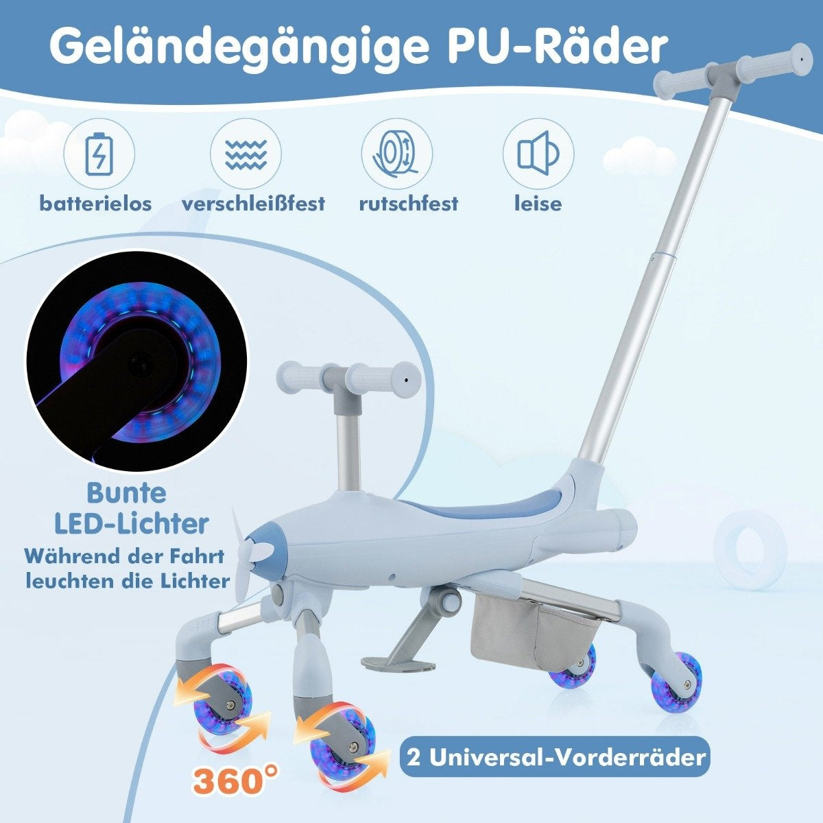 2-in-1 push car for children push car in airplane motif with LED illuminated wheels portable up to 50kg blue