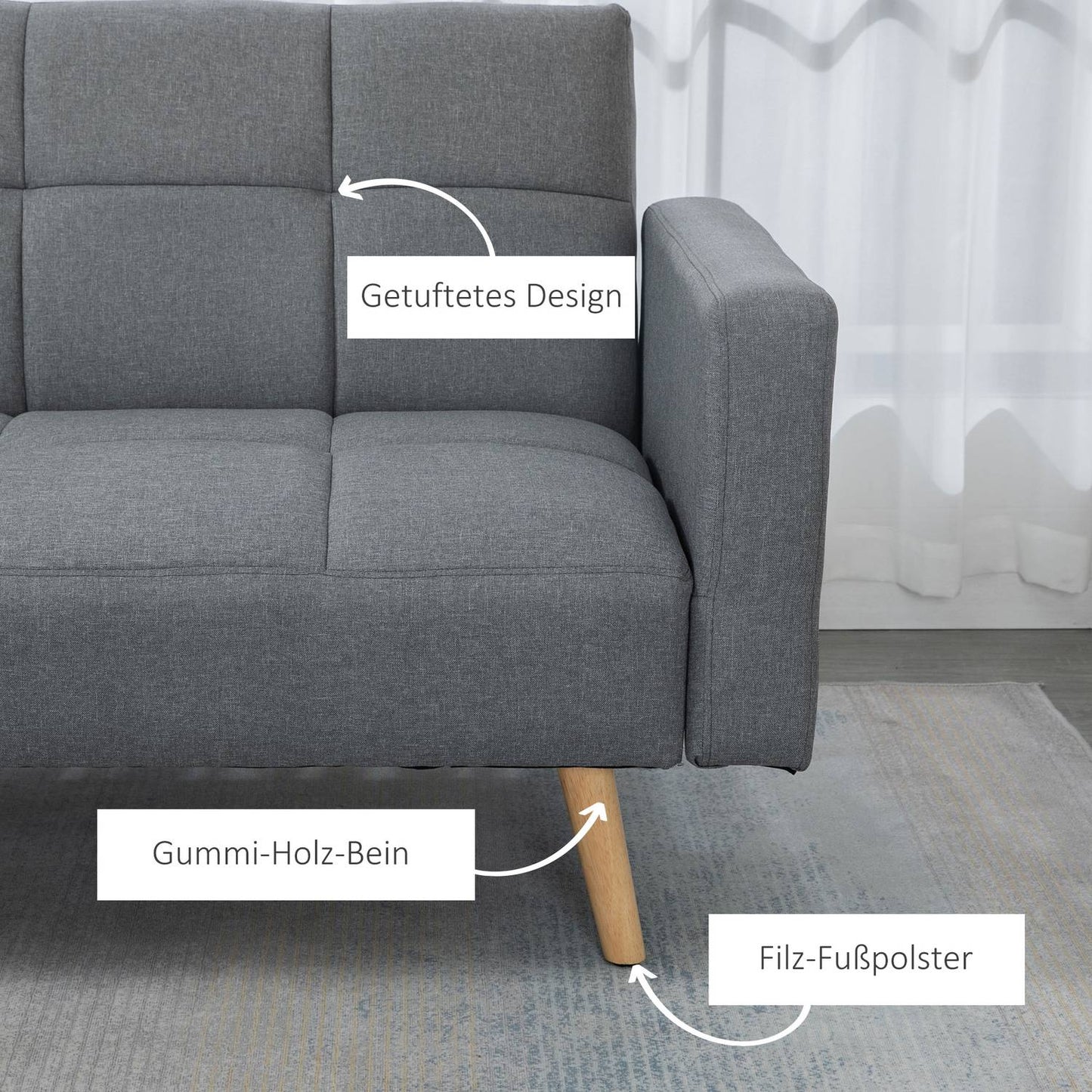 2 in 1 sofa bed 205 x 88 cm sofa with bed function, couch with seat cushion, linen look grey