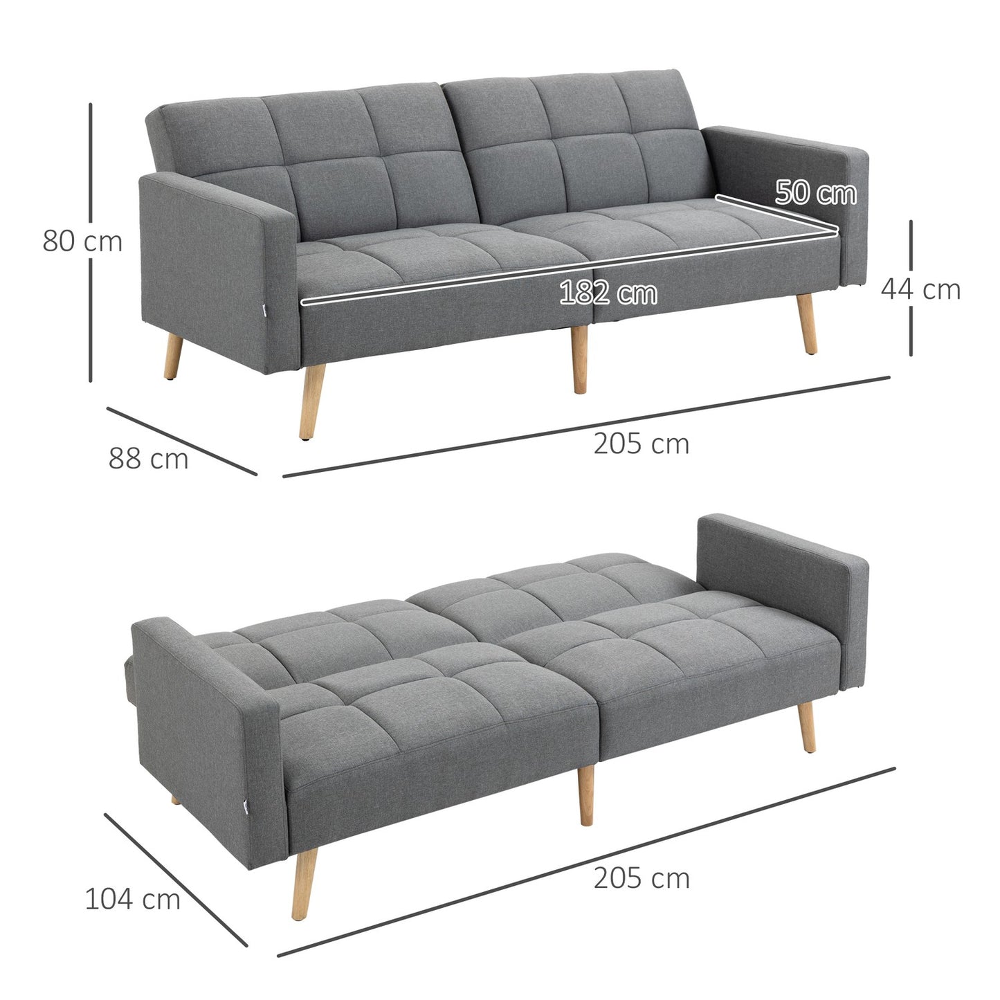 2 in 1 sofa bed 205 x 88 cm sofa with bed function, couch with seat cushion, linen look grey