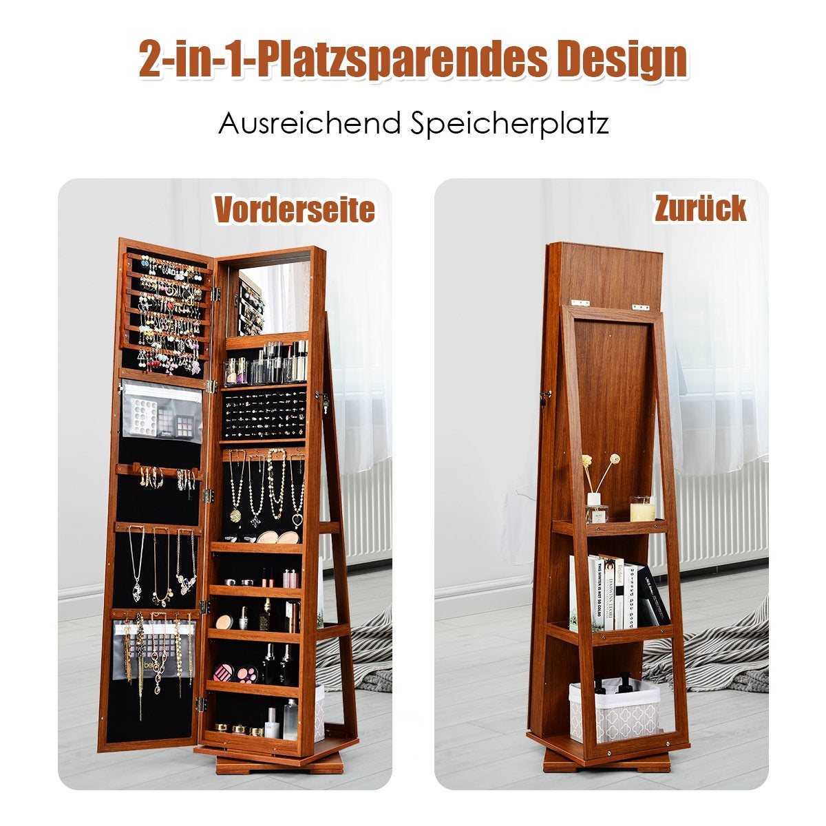 2 in 1 wooden jewelry cabinet & ladder shelf with full-length mirror 39 x 39 x 161 cm brown
