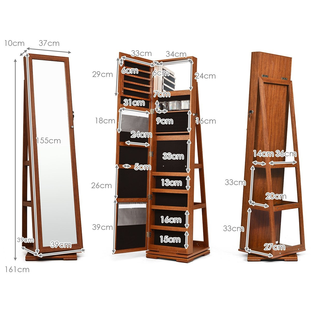 2 in 1 wooden jewelry cabinet & ladder shelf with full-length mirror 39 x 39 x 161 cm brown