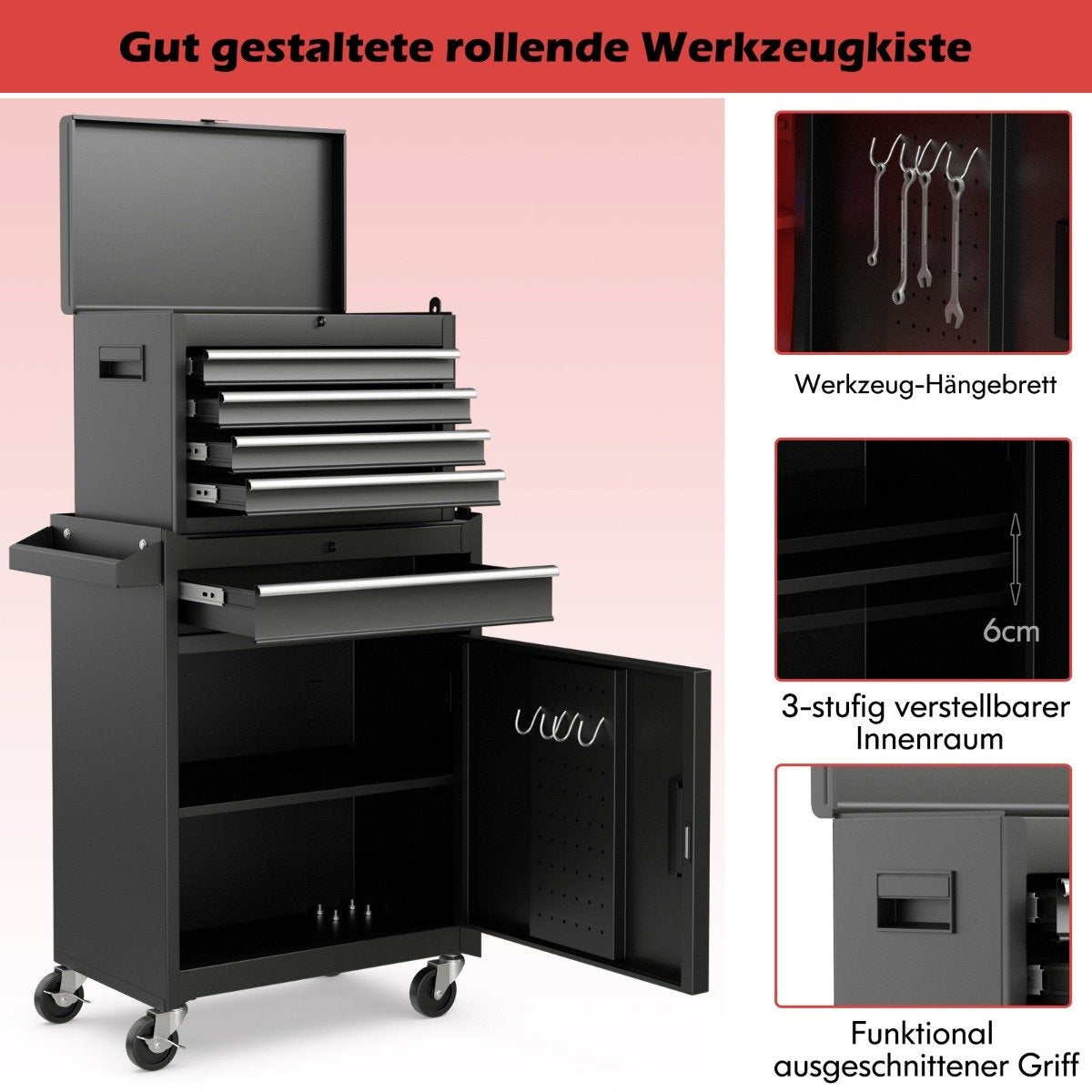 2 in 1 workshop trolley including case & 8 compartments & hooks & adjustable shelf 100 kg load capacity