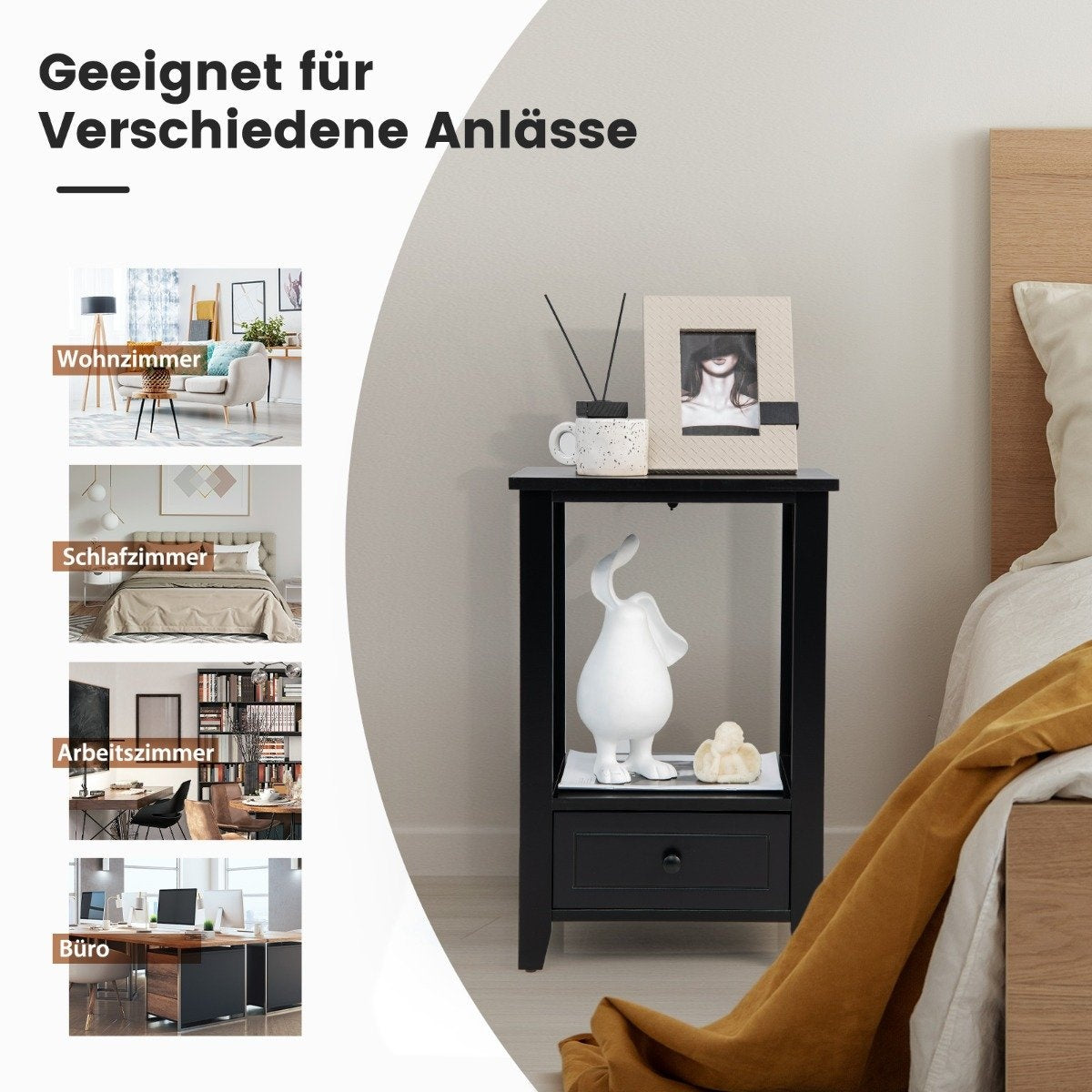 2 level bedside table with drawer side table wood 40 x 30 x 61.5cm black
