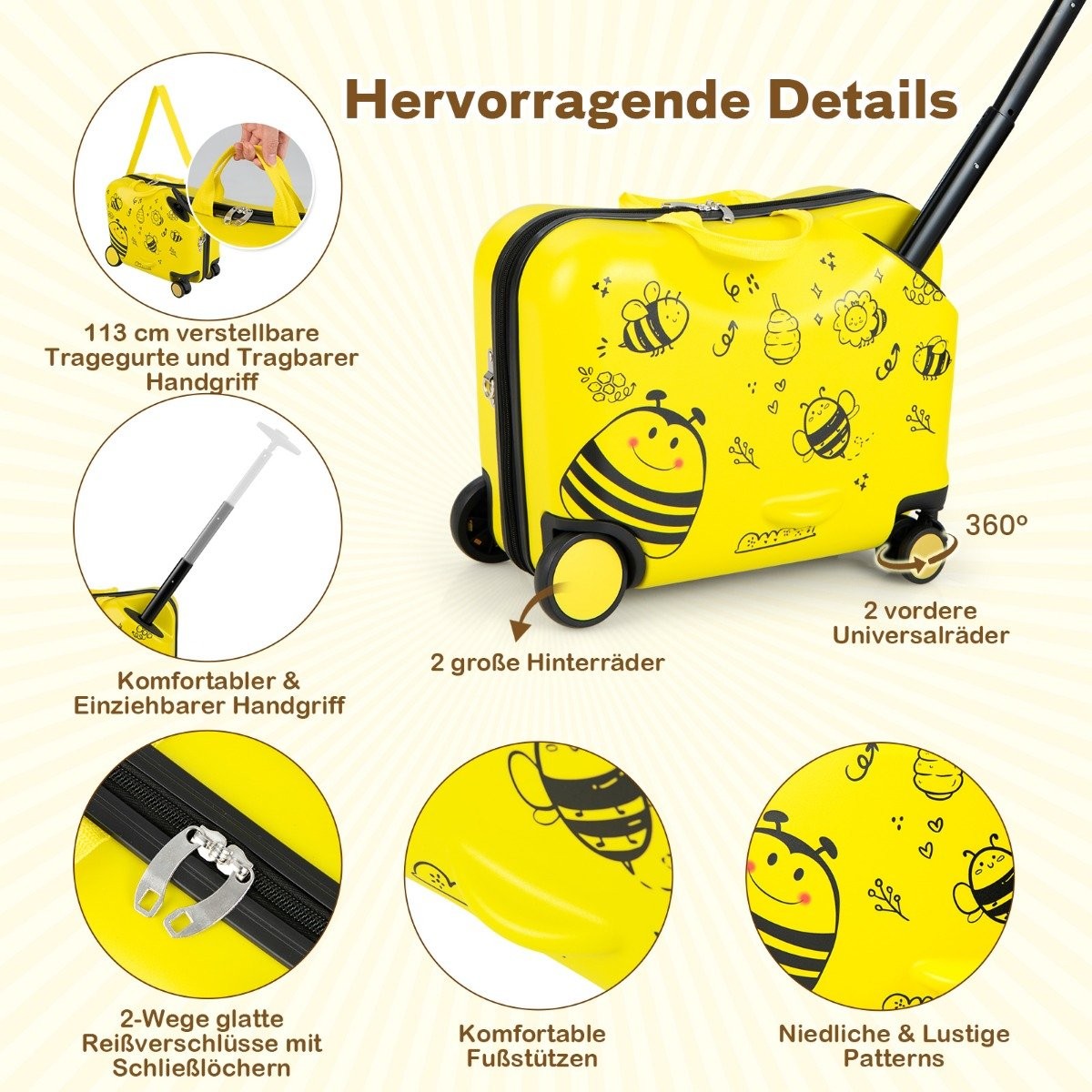 2-piece children's suitcase + backpack 47 cm long ride-on suitcase and 30 cm wide backpack yellow