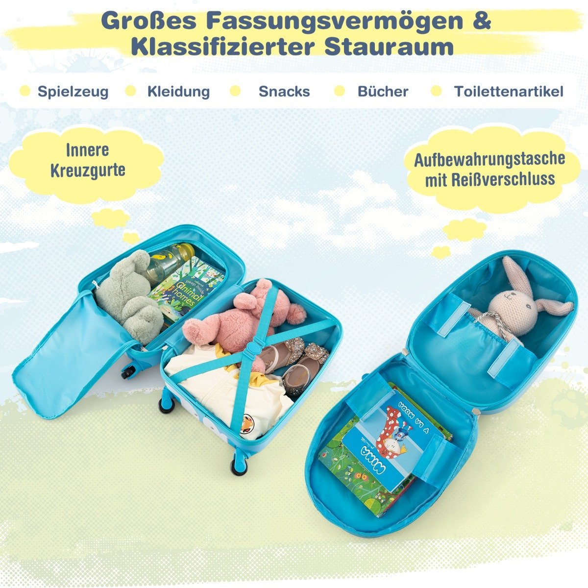 2-piece children's suitcase + backpack made of plastic children's trolley children's luggage 12" + 16" blue unicorn