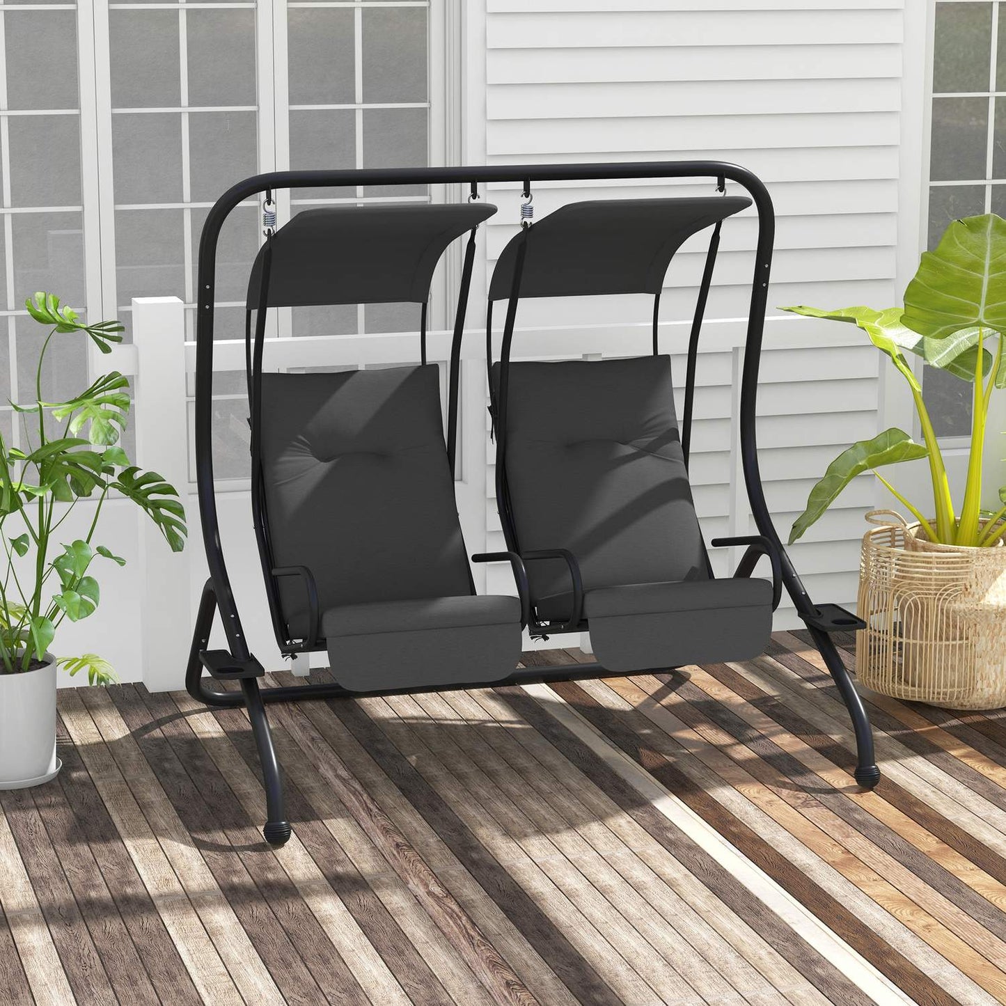 2-seat garden swing with canopy - Steel frame, grey