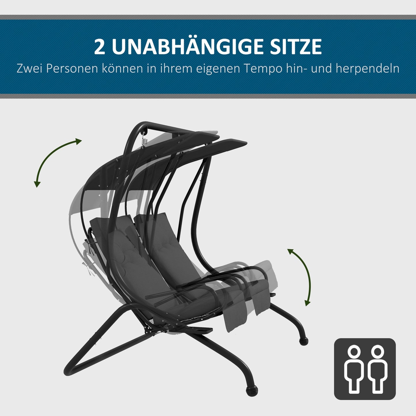 2-seat garden swing with canopy - Steel frame, grey