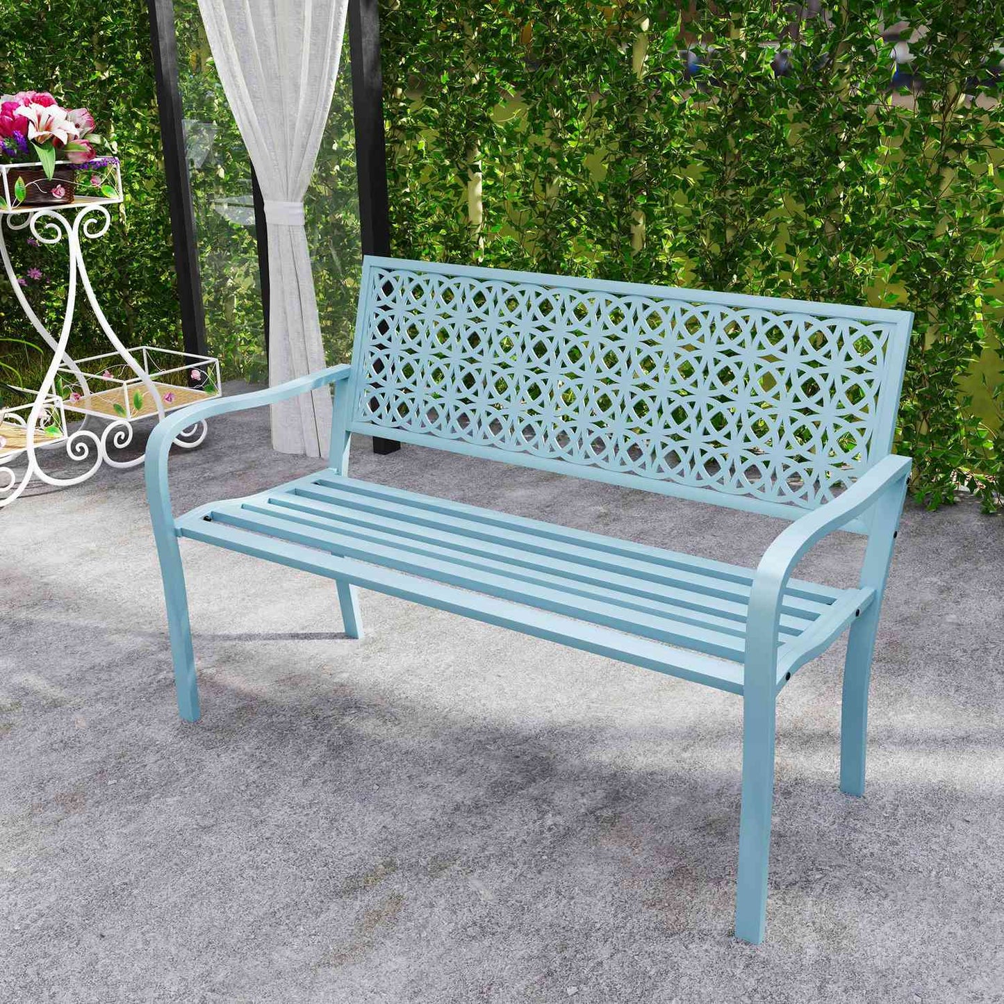 2-seater blue garden bench - weatherproof with backrest