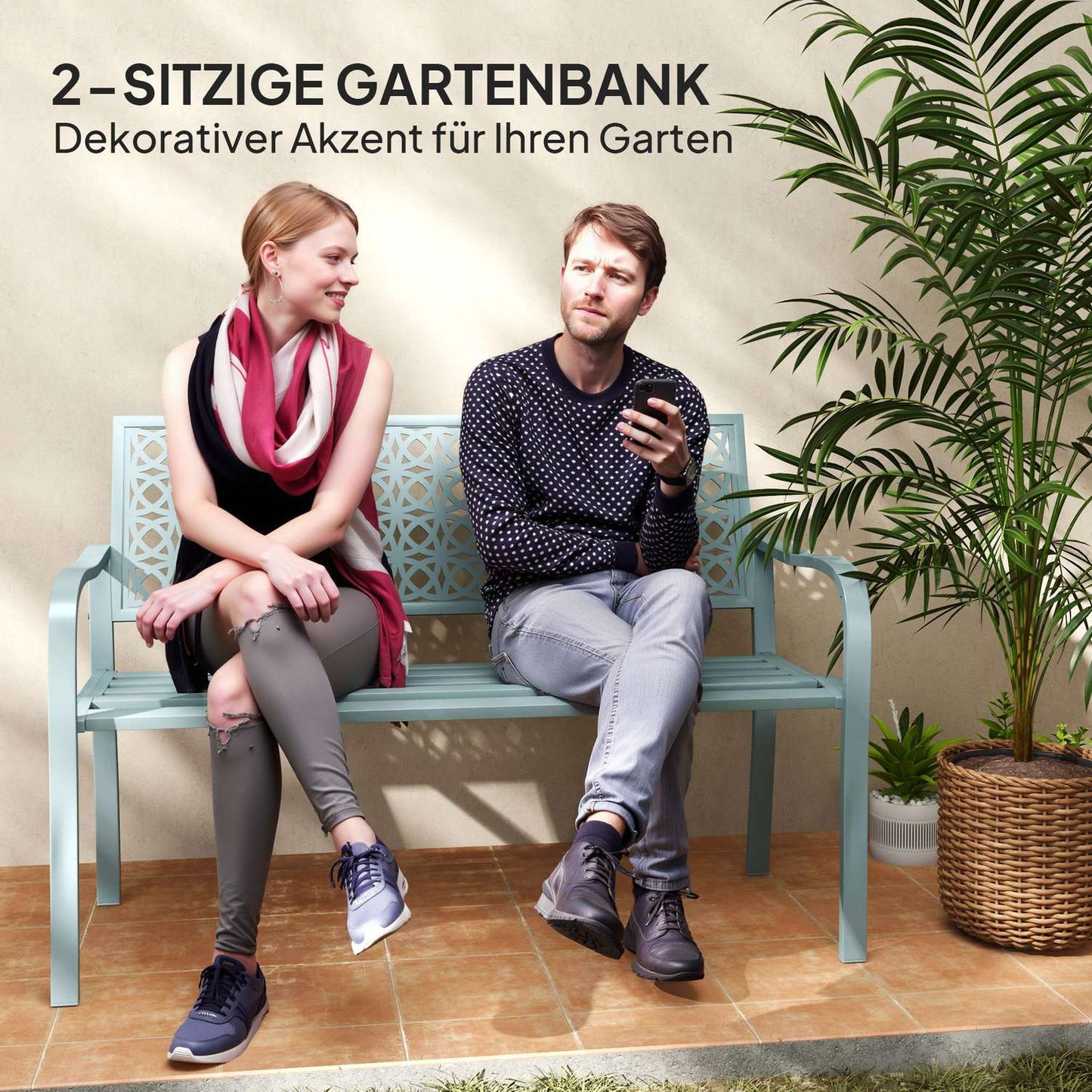 2-seater blue garden bench - weatherproof with backrest