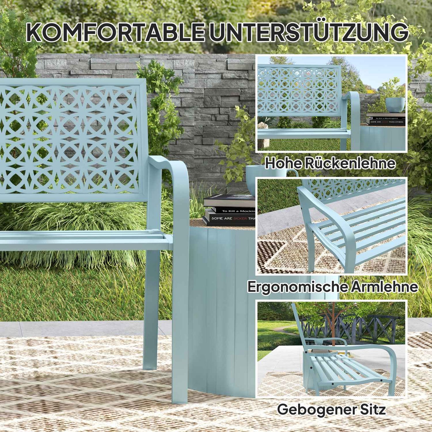 2-seater blue garden bench - weatherproof with backrest