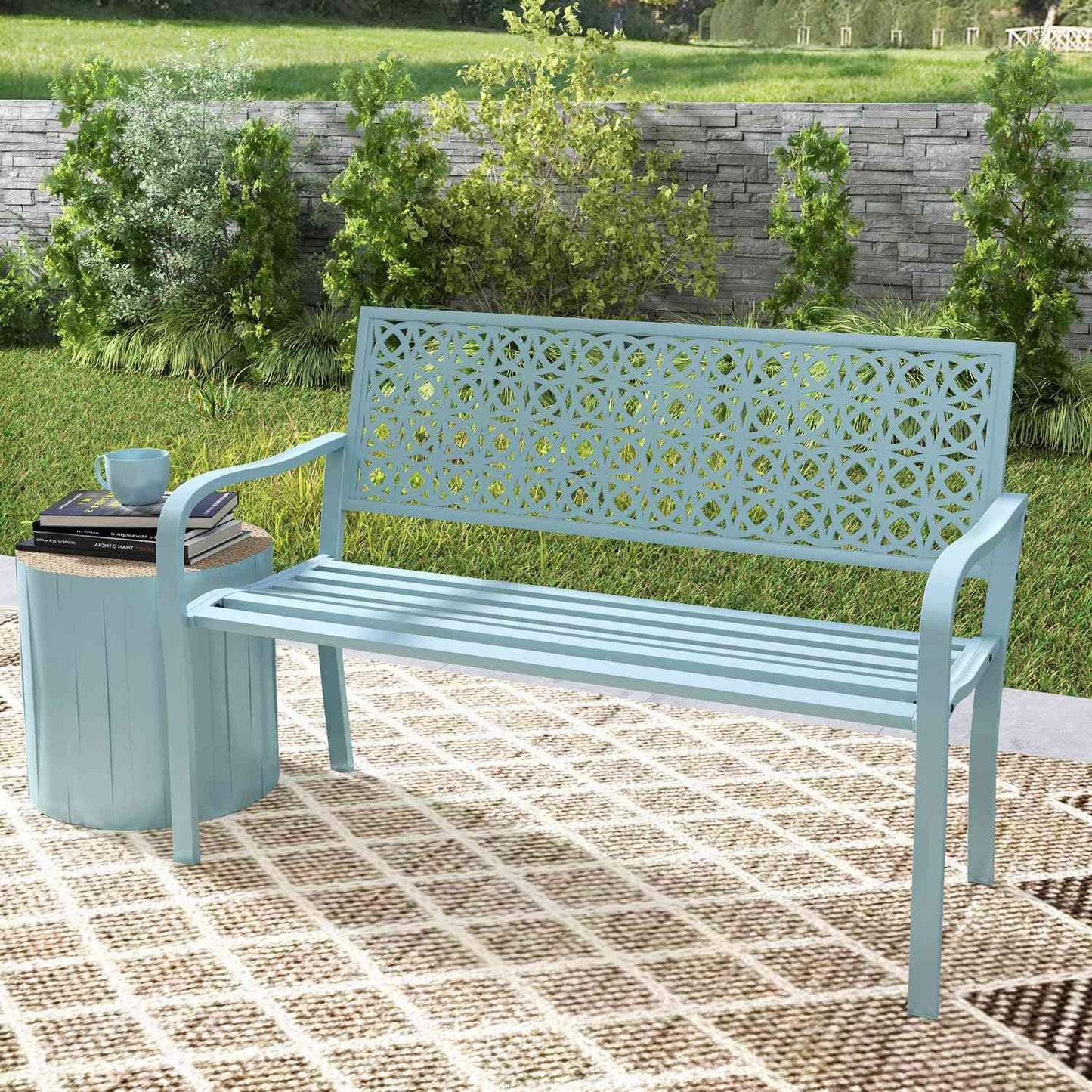 2-seater blue garden bench - weatherproof with backrest