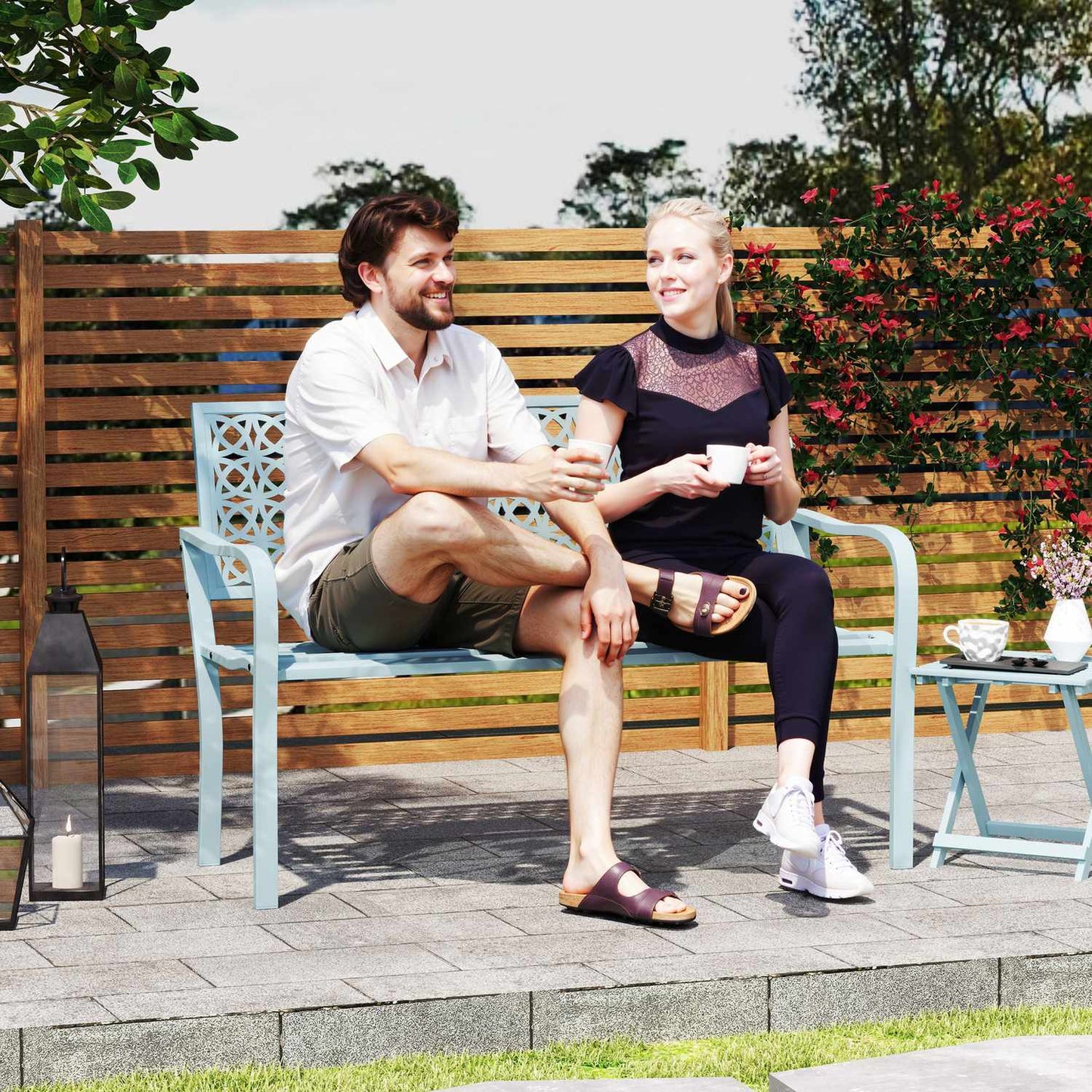 2-seater blue garden bench - weatherproof with backrest