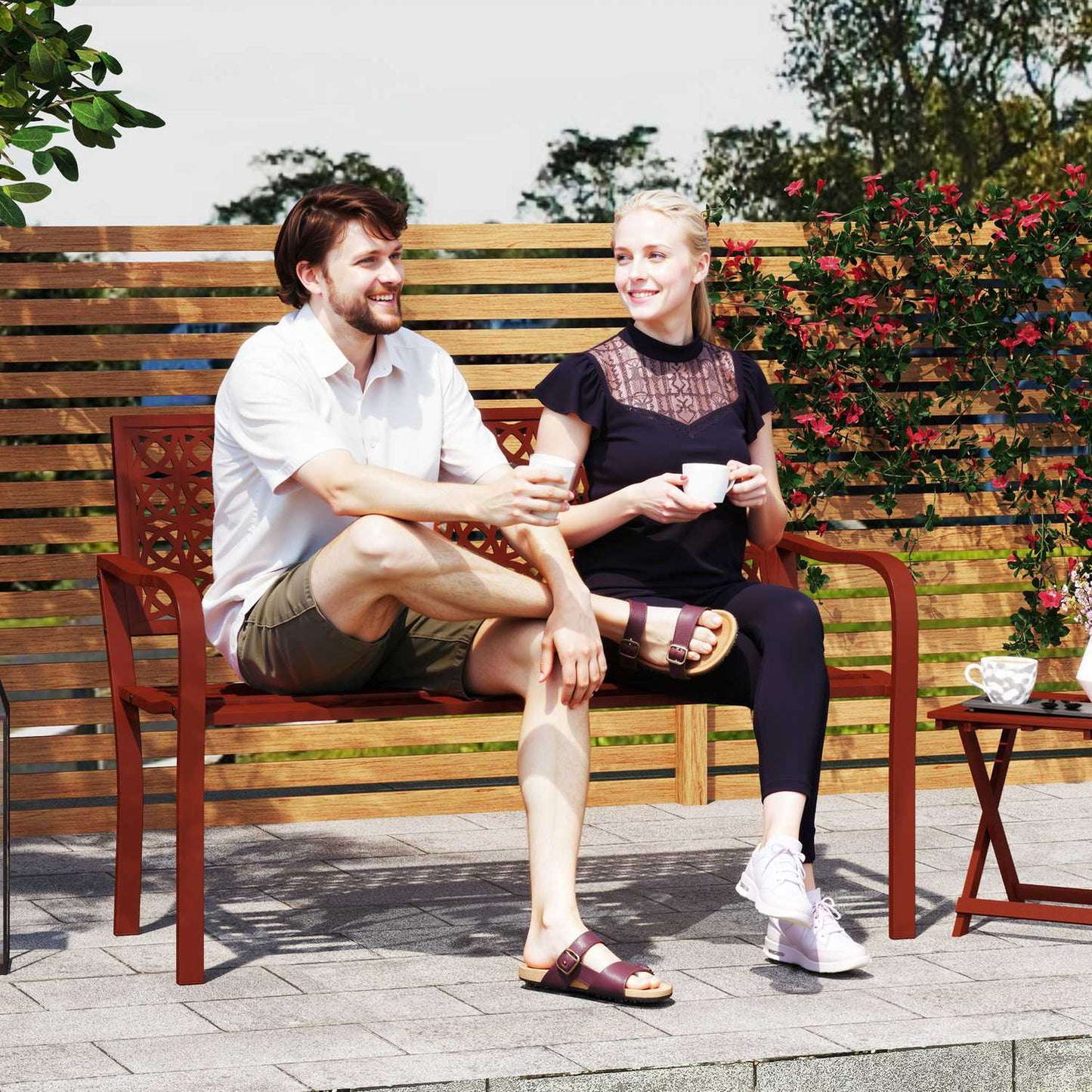 Weatherproof 2-seater garden bench with back and armrests