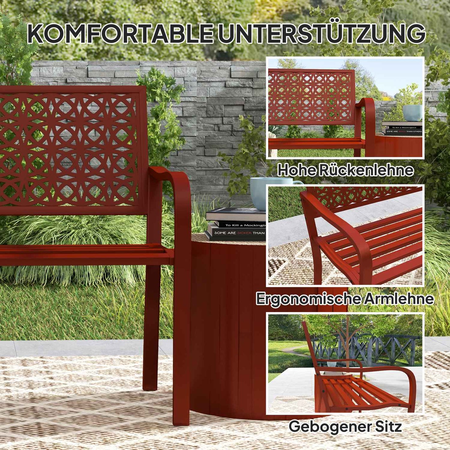 Weatherproof 2-seater garden bench with back and armrests