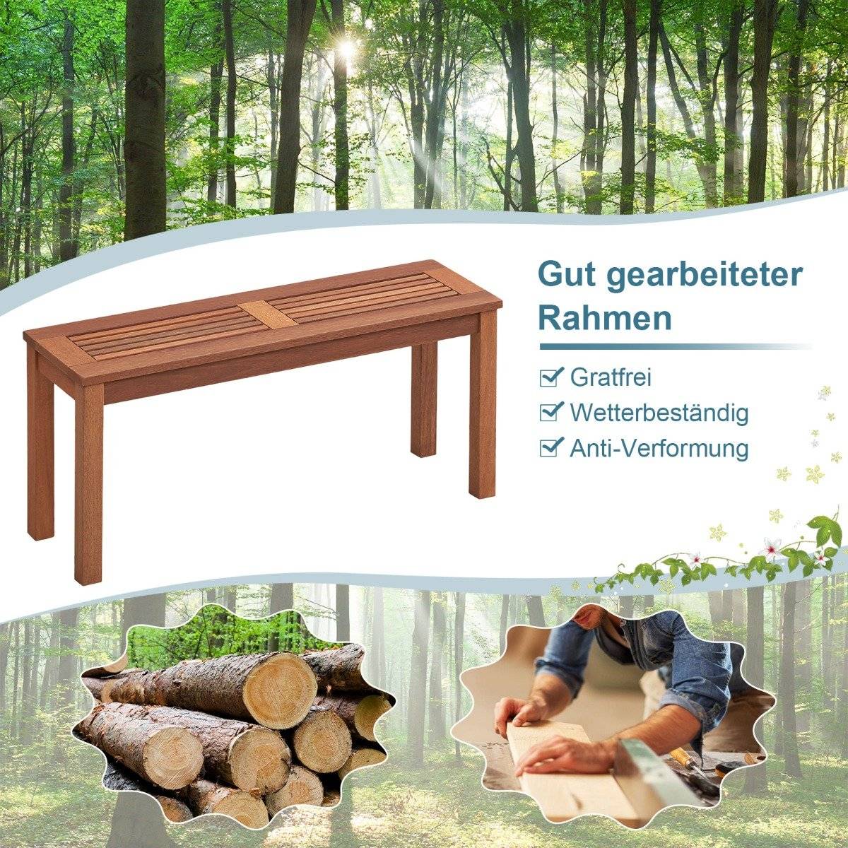 2-seater garden bench without backrest, weatherproof bench, wooden bench, 100 x 30.5 x 47 cm