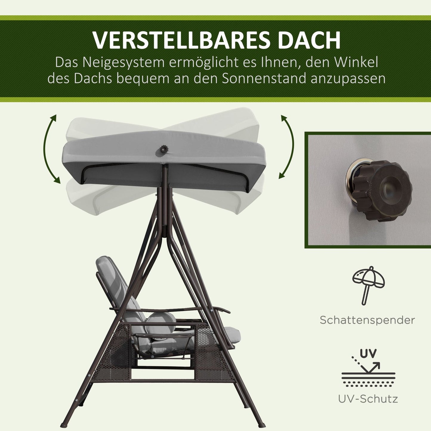 2-seat garden swing with canopy and cushions, gray metal