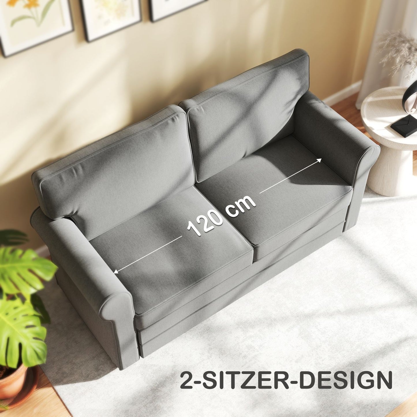 2-Seater Sofa, Linen Fabric, Steel Frame, Dark Grey