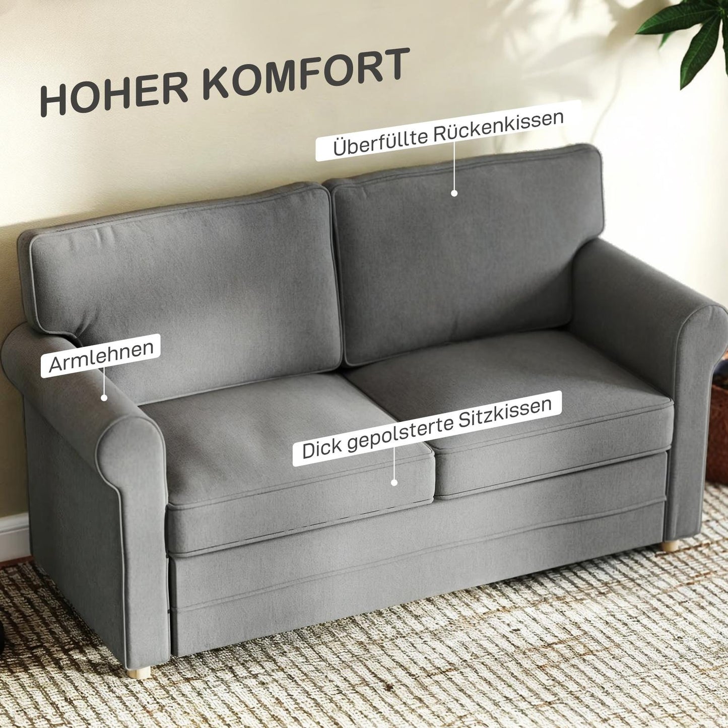 2-Seater Sofa, Linen Fabric, Steel Frame, Dark Grey