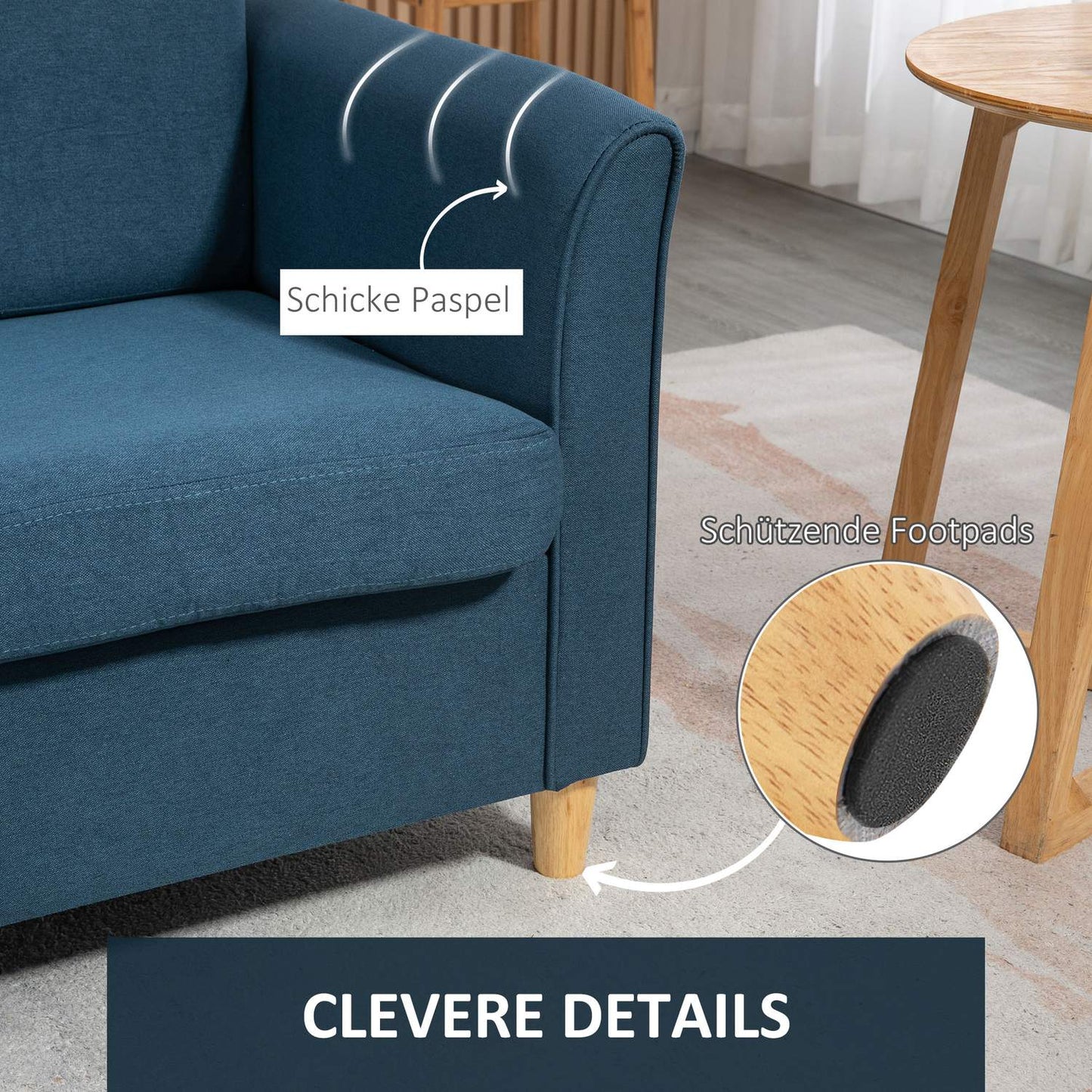 2-seater blue linen sofa with wooden legs, padded upholstery