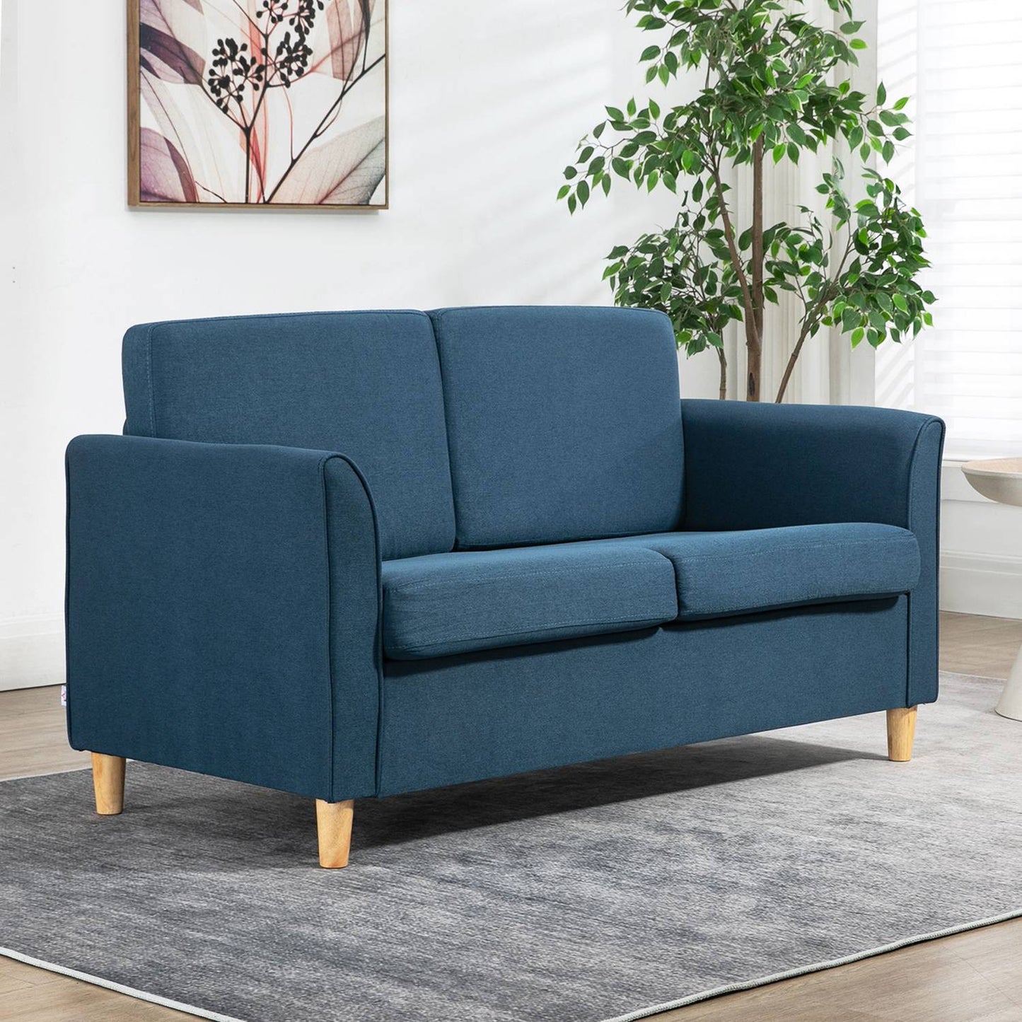 2-seater blue linen sofa with wooden legs, padded upholstery