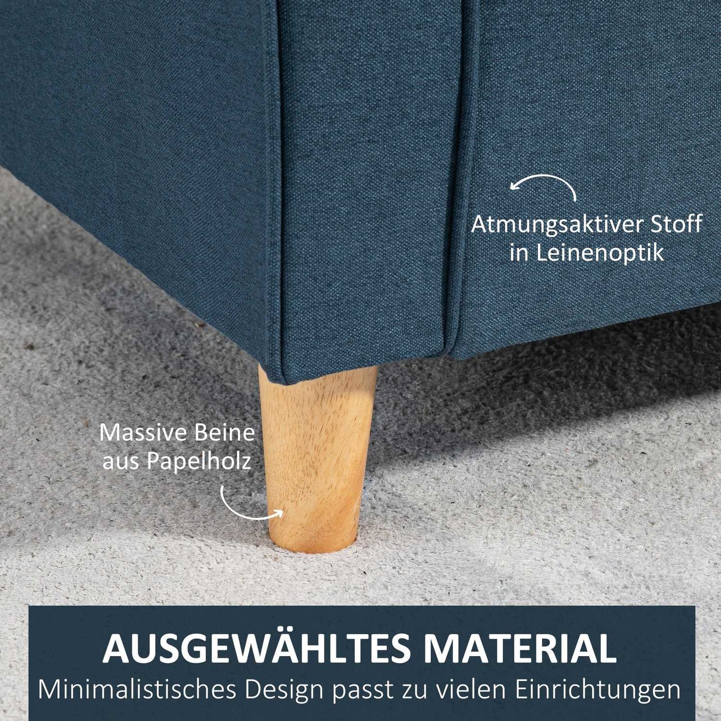 2-seater blue linen sofa with wooden legs, padded upholstery