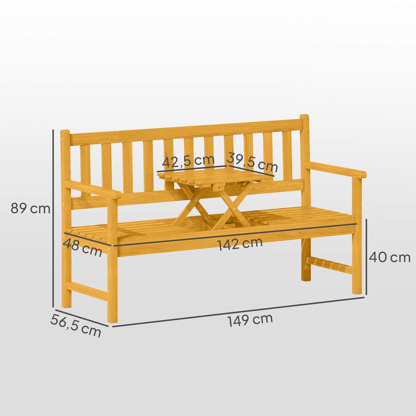 2-Seater Acacia Garden Bench, Teak Finish, Foldable Table