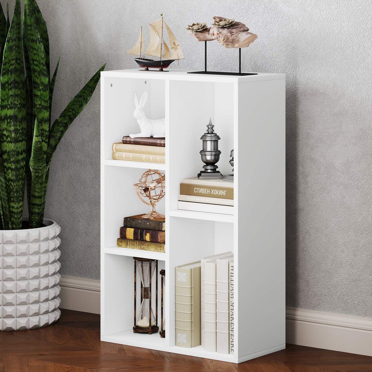 Two-Tier Bookshelf, 5 Compartments, White Particleboard