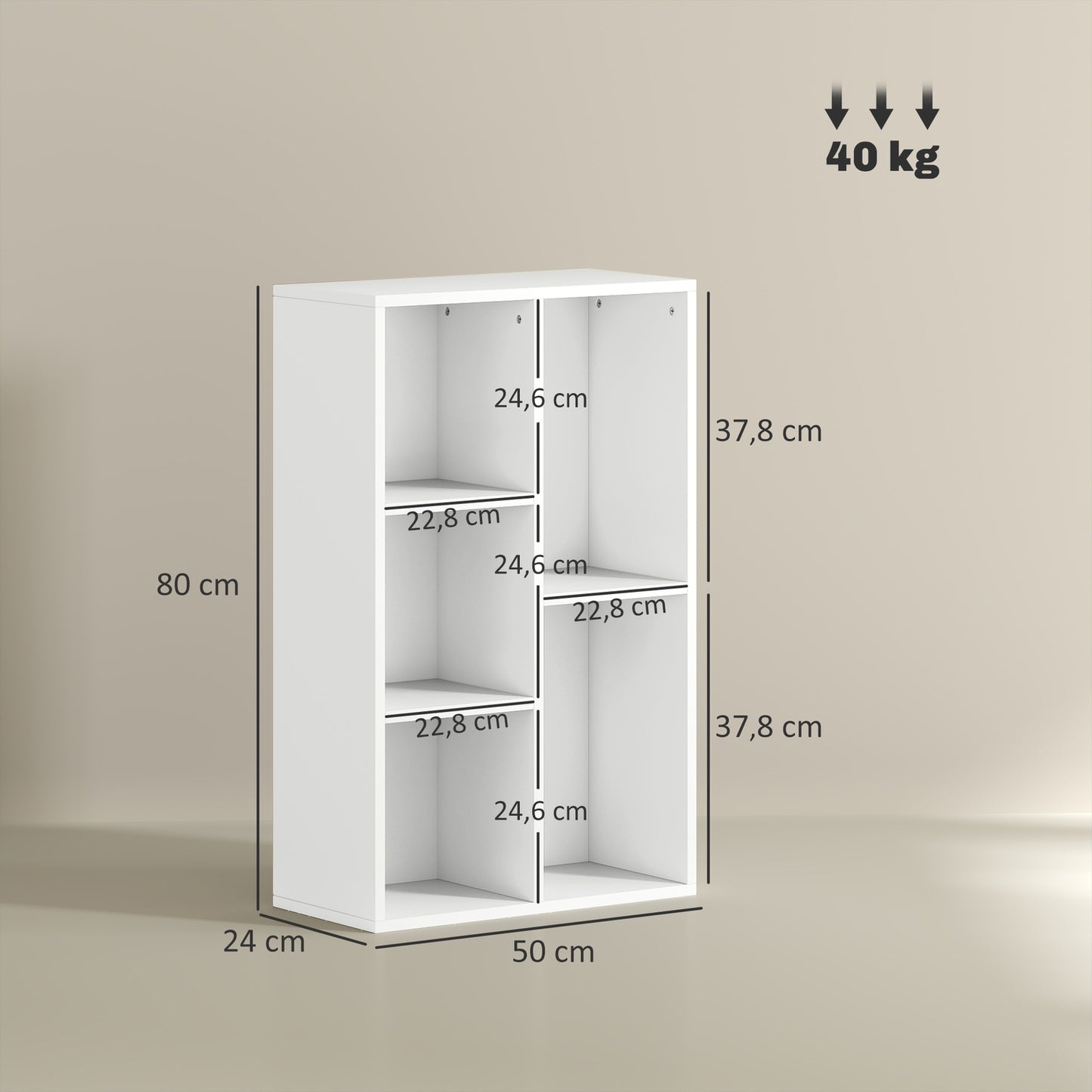 Two-Tier Bookshelf, 5 Compartments, White Particleboard
