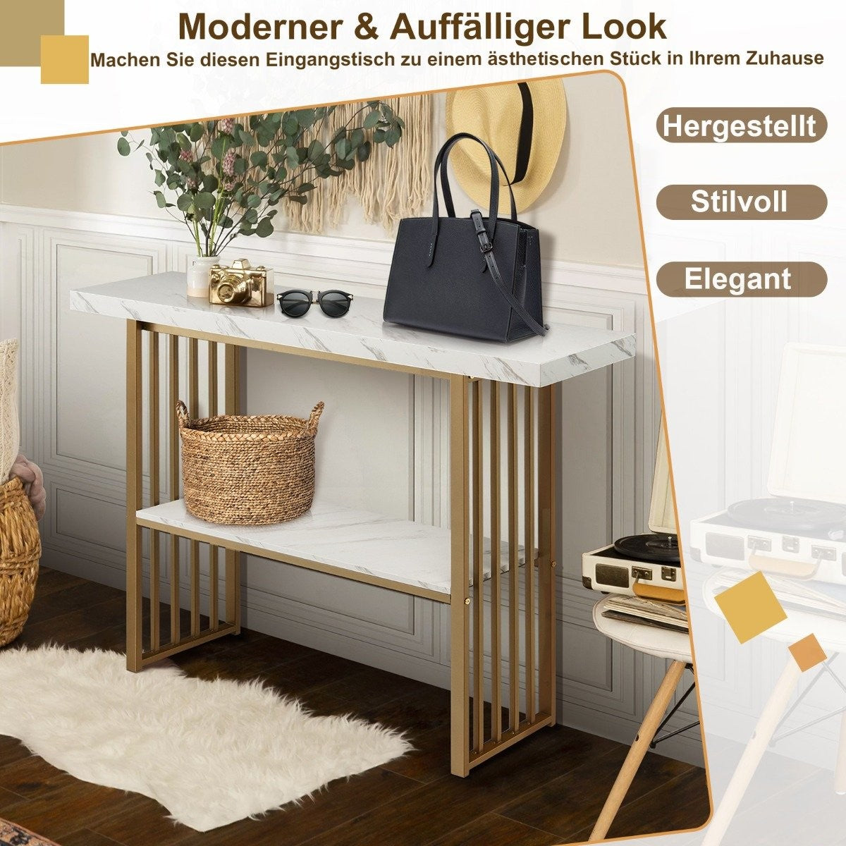 2 tier console table with marble look 120 x 29.5 x 92.5 cm white & gold