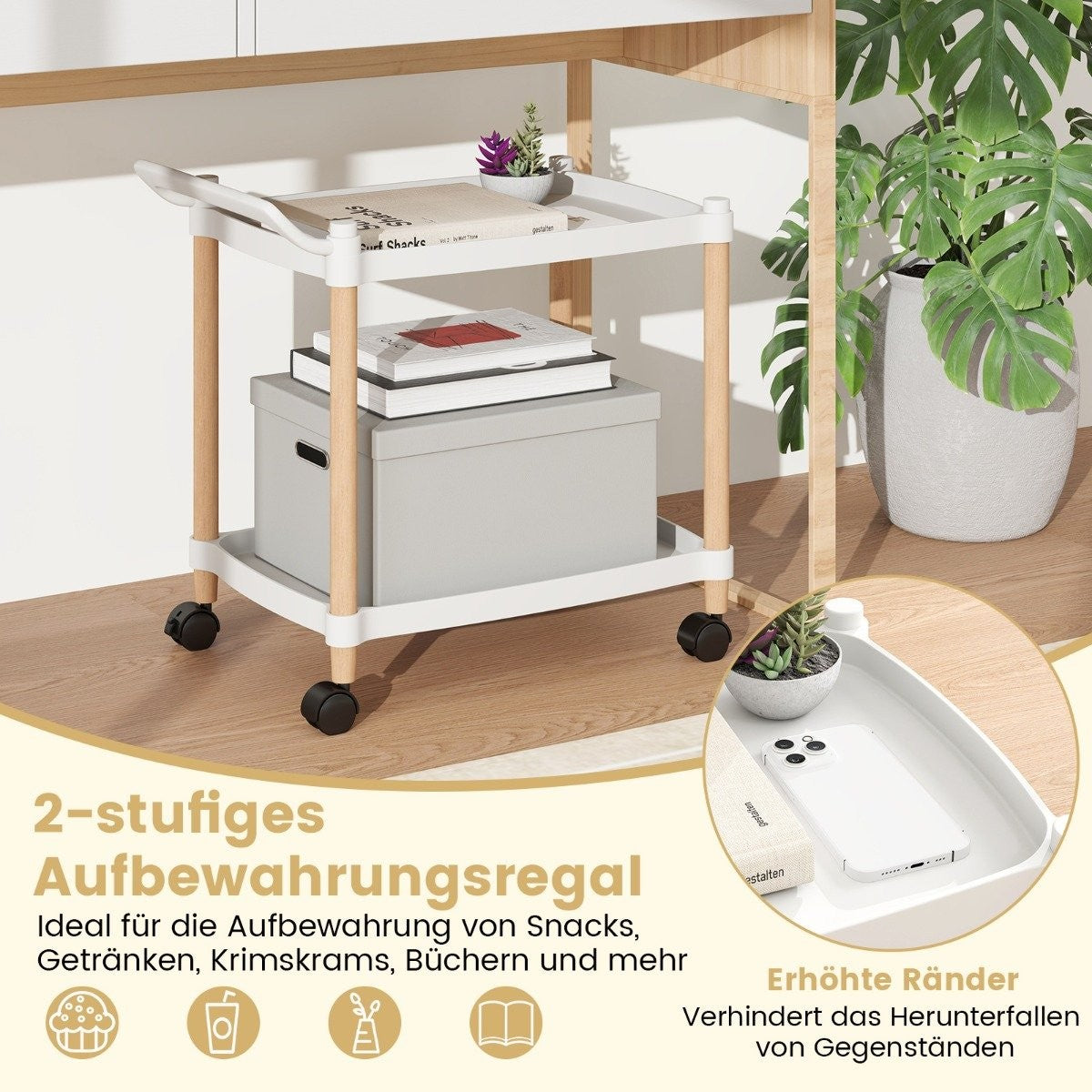 2-tier rolling cart with lockable wheels & beechwood frame trolley organizer