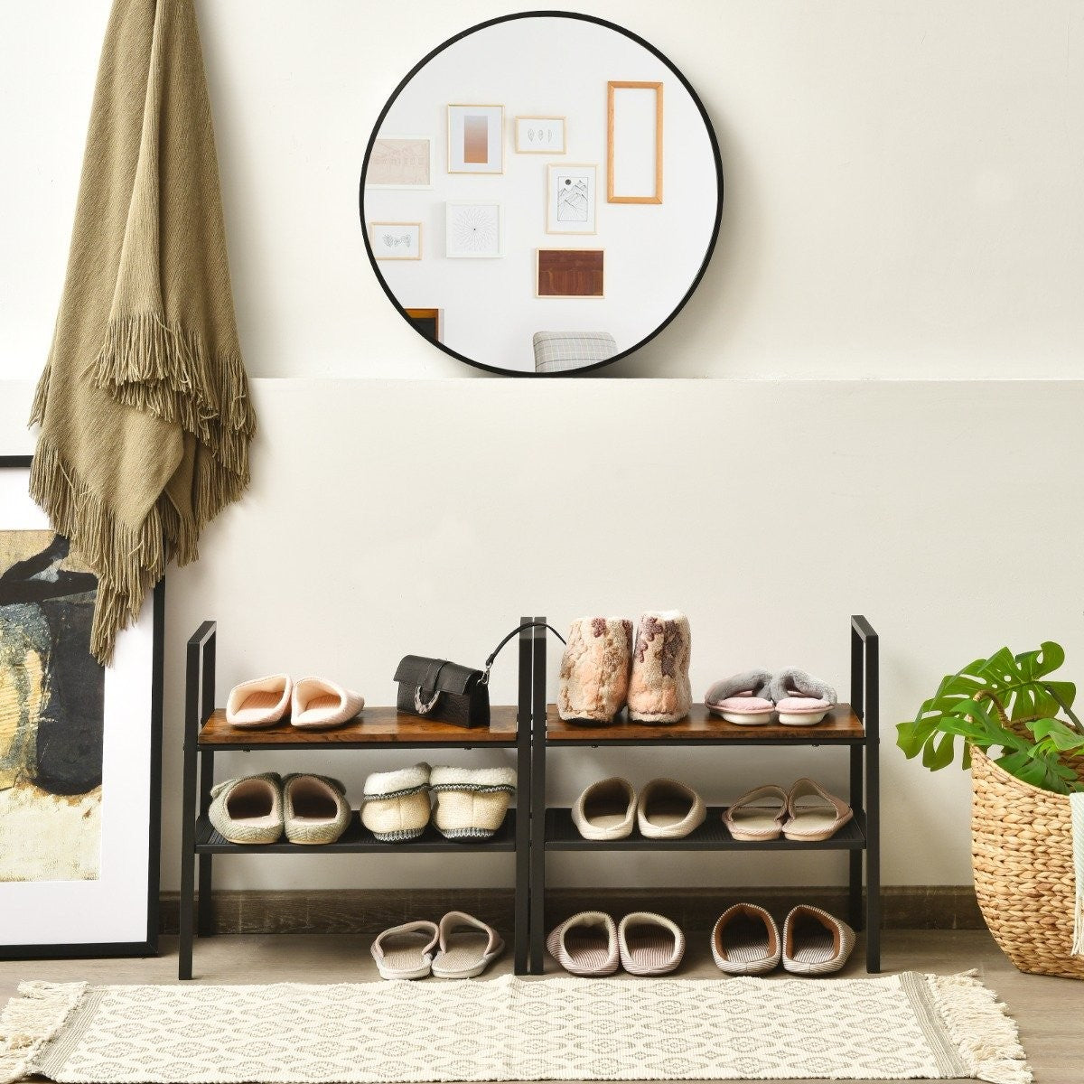 2-tier stackable shoe rack made of wood and metal 54 x 32 x 52 cm brown + black