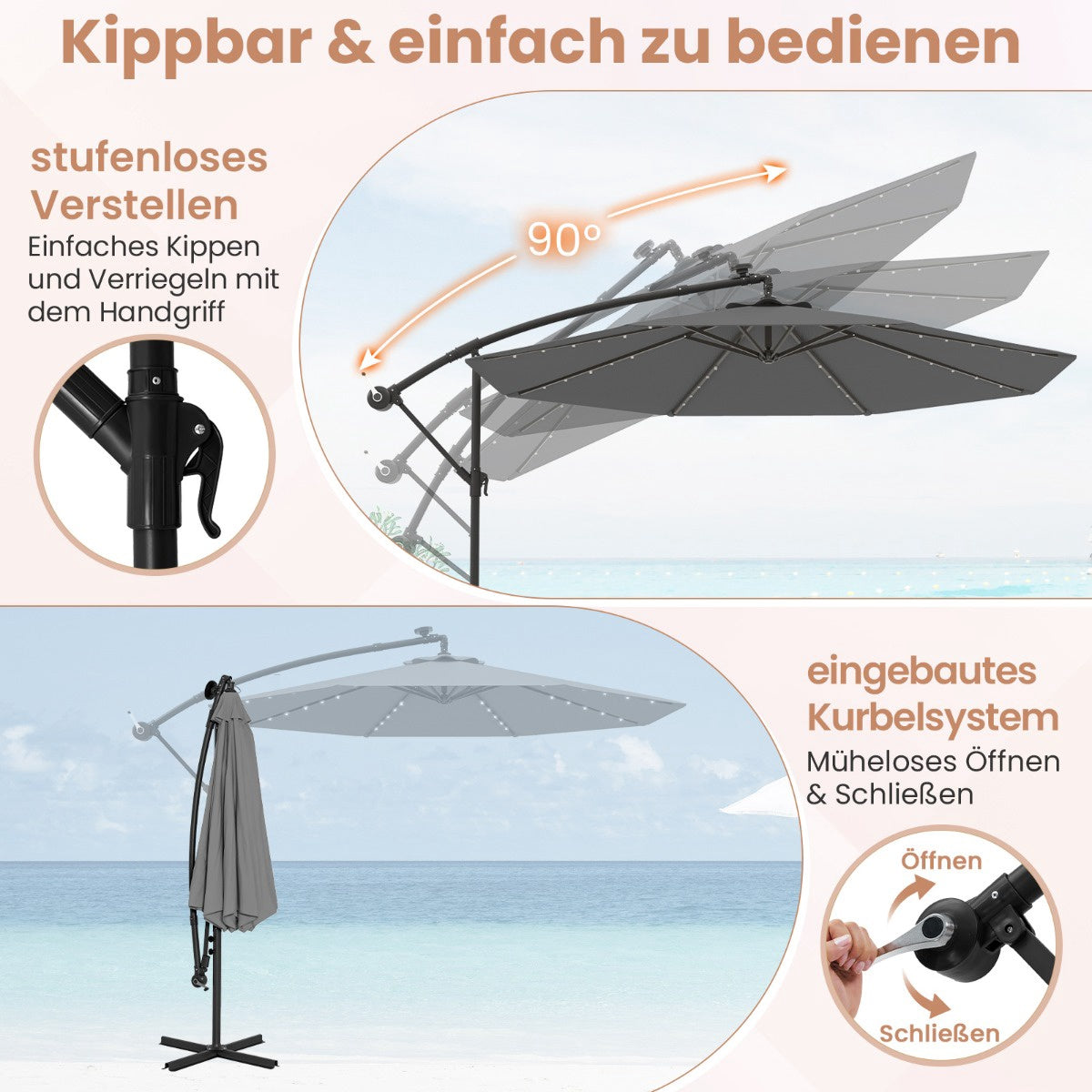 300 cm Patio Umbrella with Solar LED Lights & Sandbags