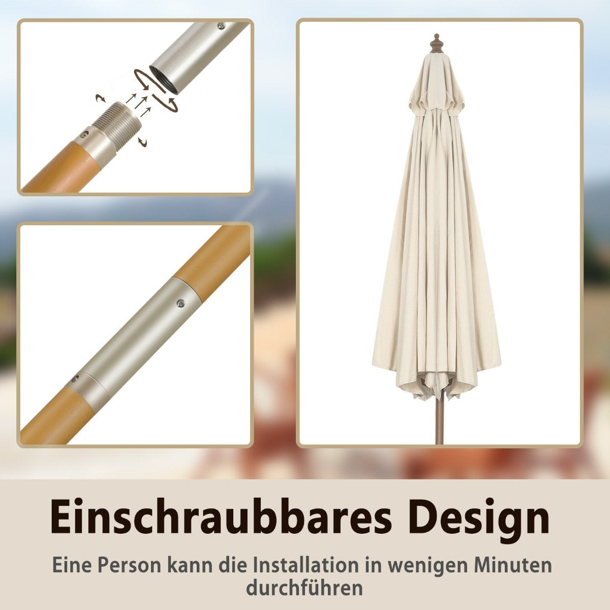 300 cm garden umbrella made of wood, can be bent by 30° on both sides, beige