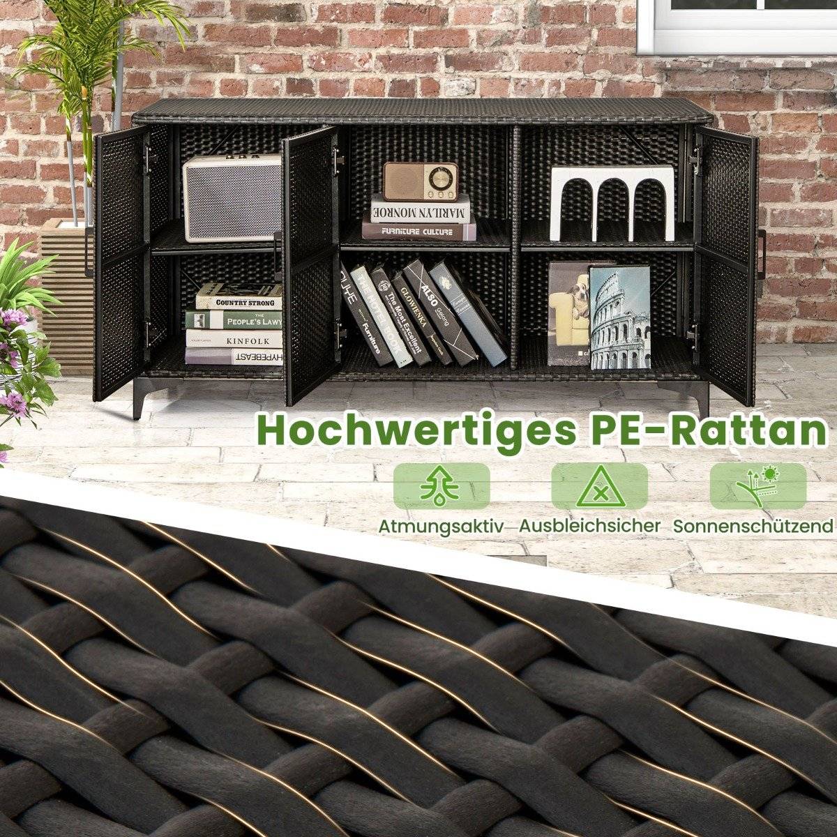 318L Rattan Garden Cabinet with Removable Shelves & Doors Outdoor Weatherproof Side Cabinet Black