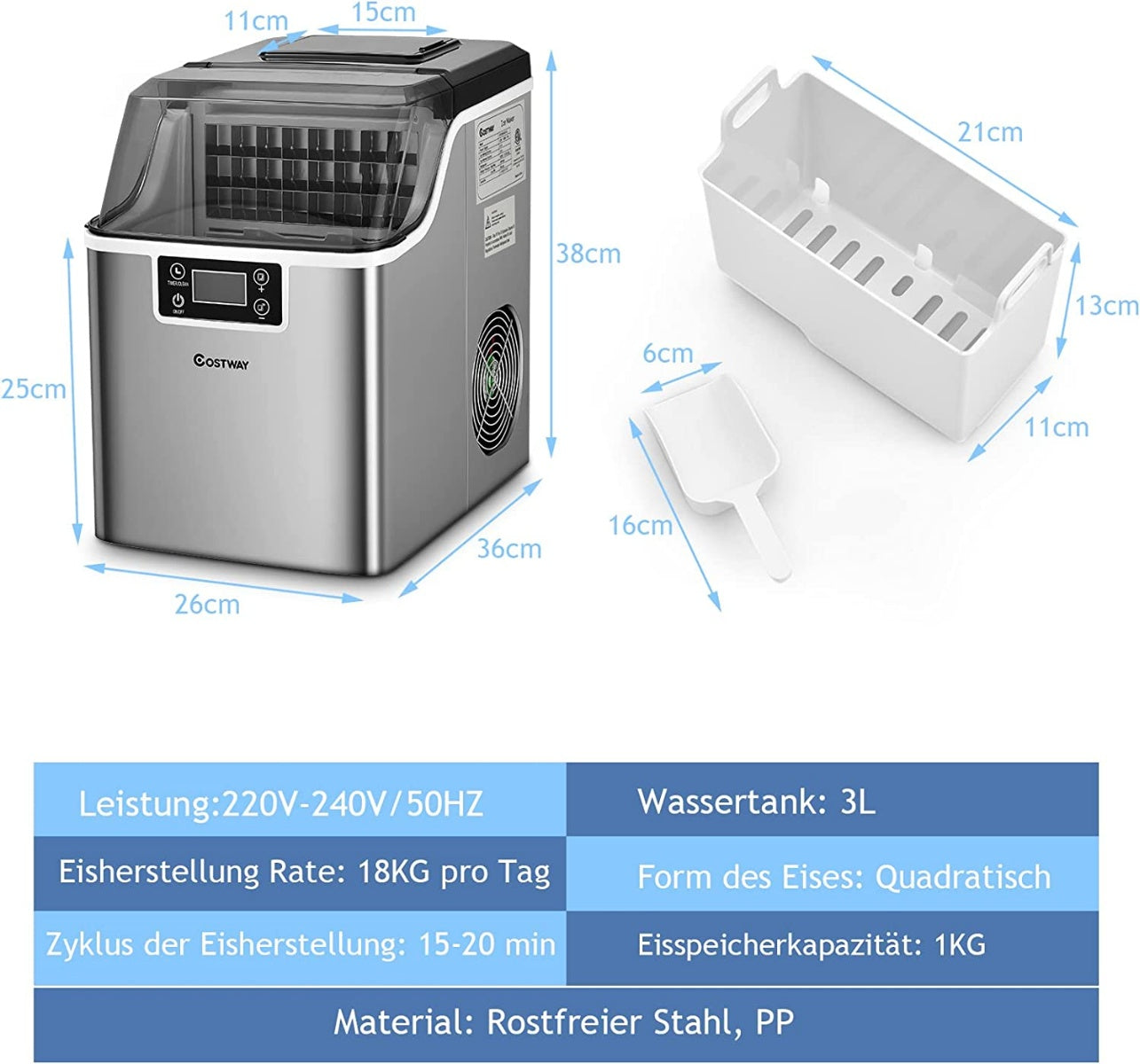 3.2 L ice cube maker ice machine with a top inlet hole 25 x 36 x 38 cm silver