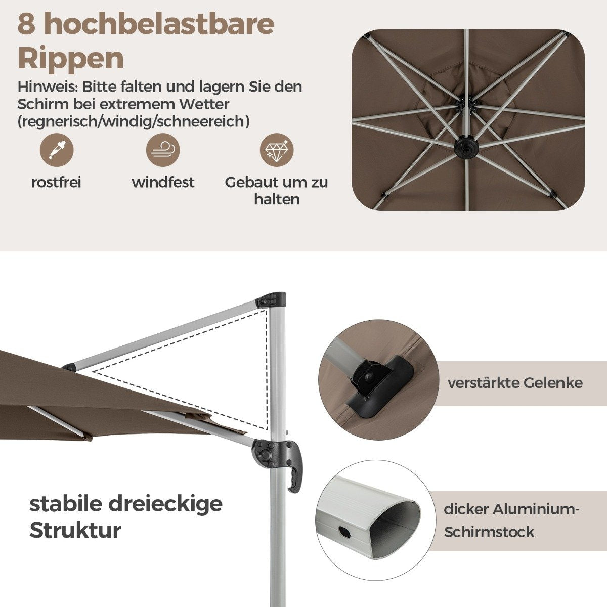 Ø 330 cm parasol with crank & UPF 50+ & 360° rotating cantilever parasol garden umbrella brown