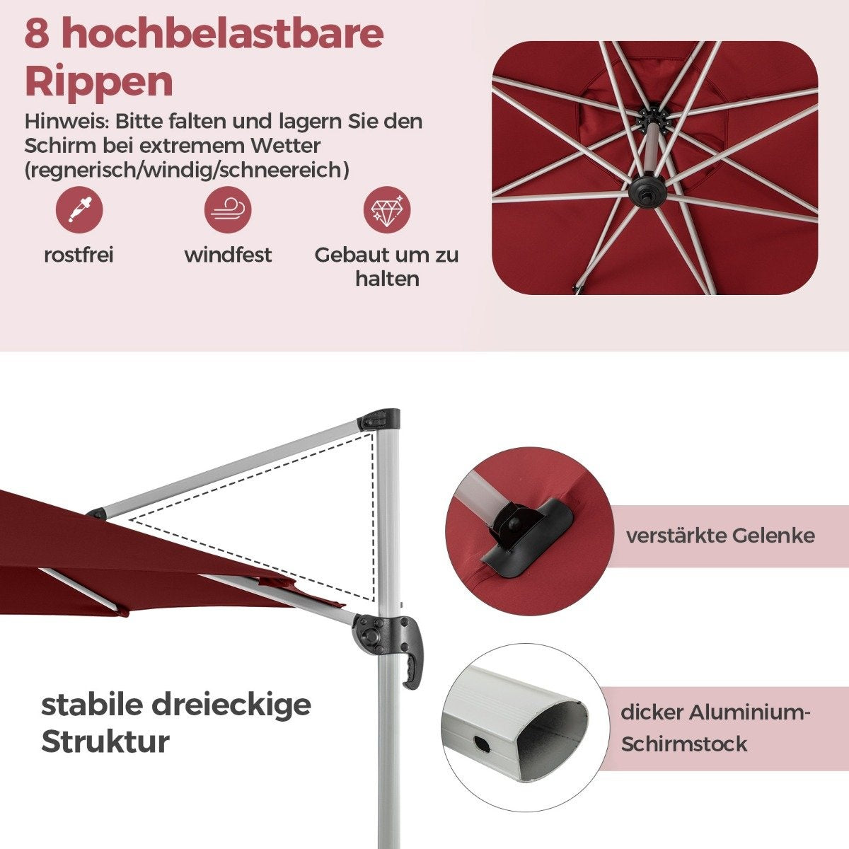 Ø 330 cm parasol with crank & UPF 50+ & 360° rotating cantilever umbrella garden umbrella red